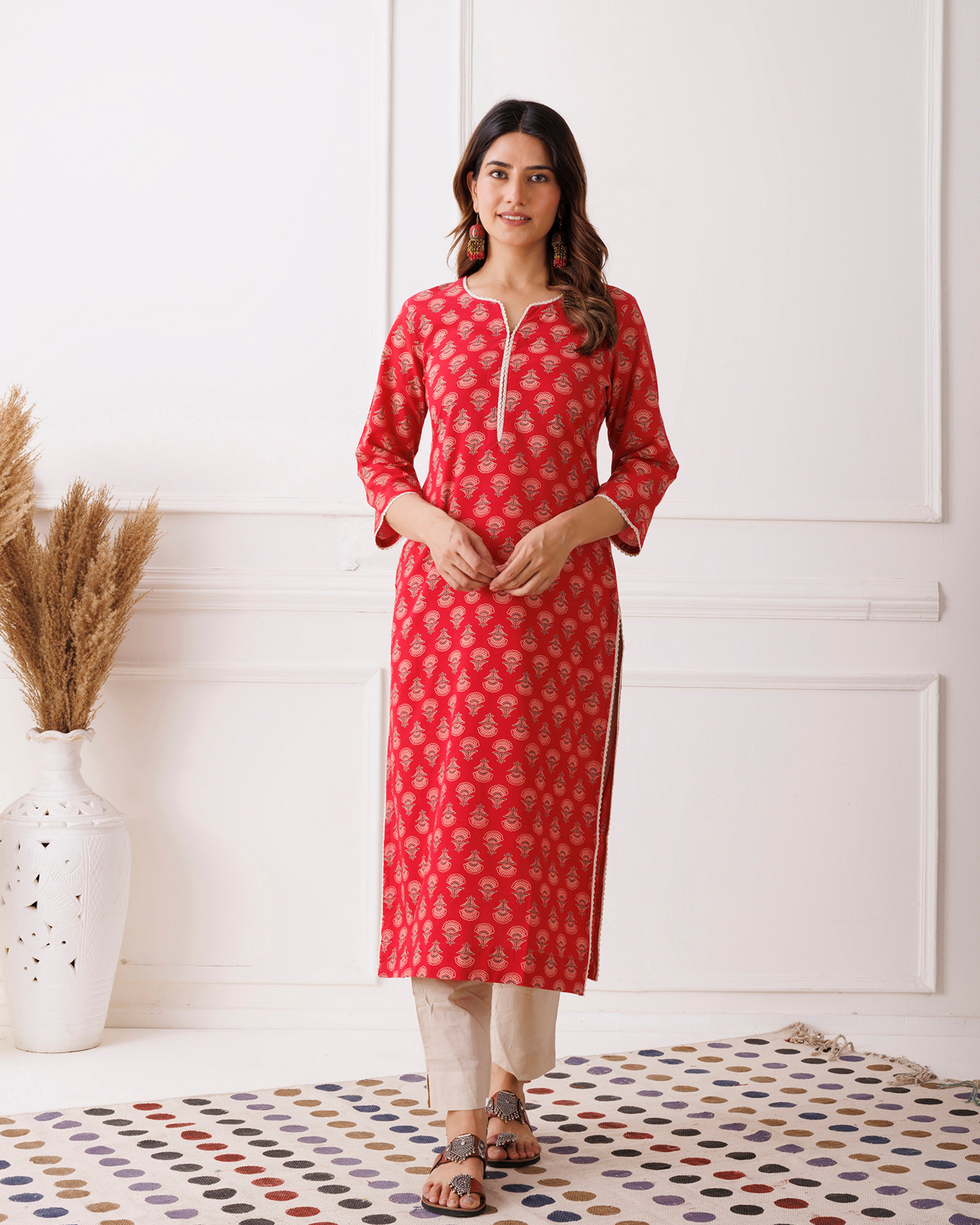 Red Traditional Handblock Printed Cotton Kurti