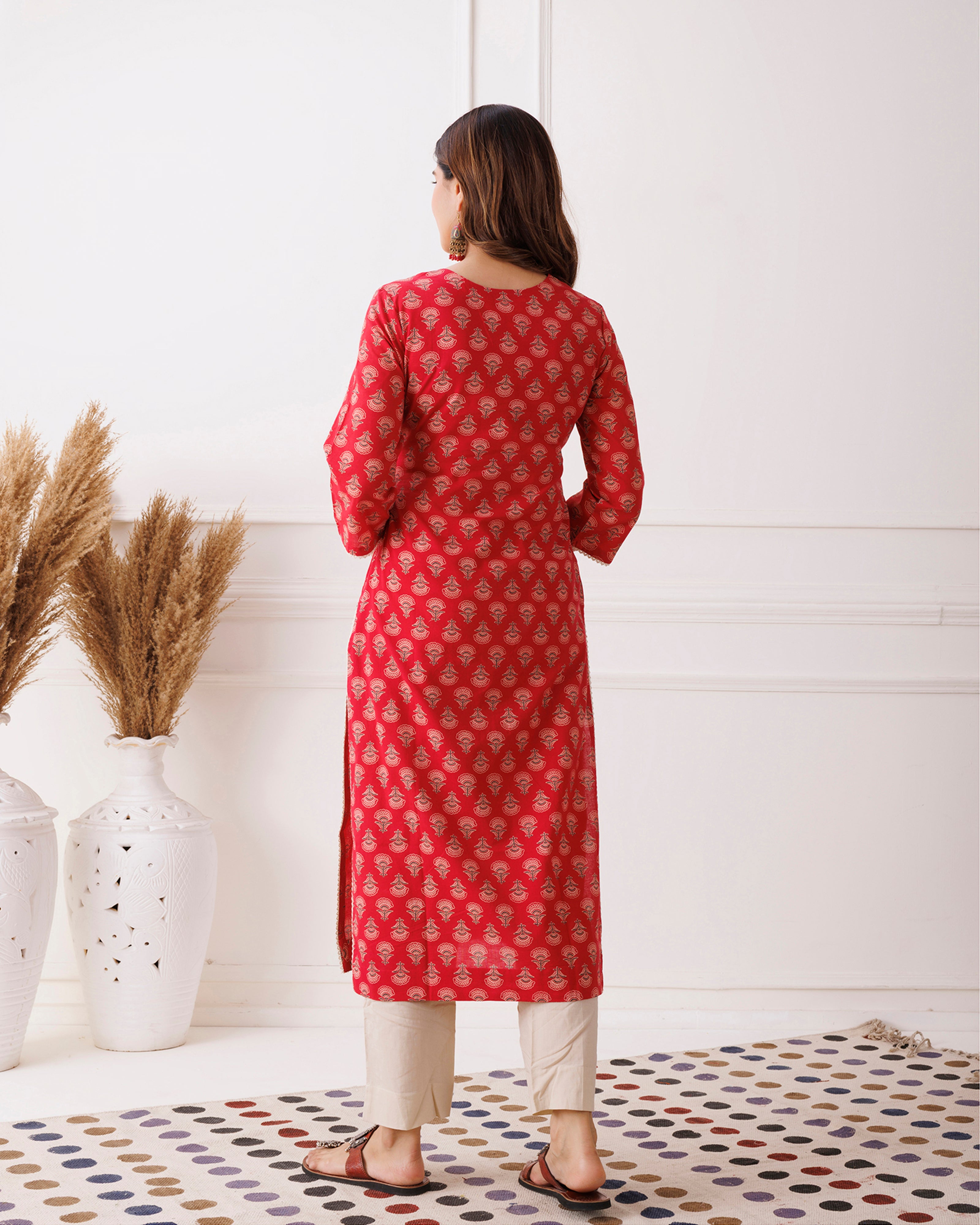 Red Traditional Handblock Printed Cotton Kurti