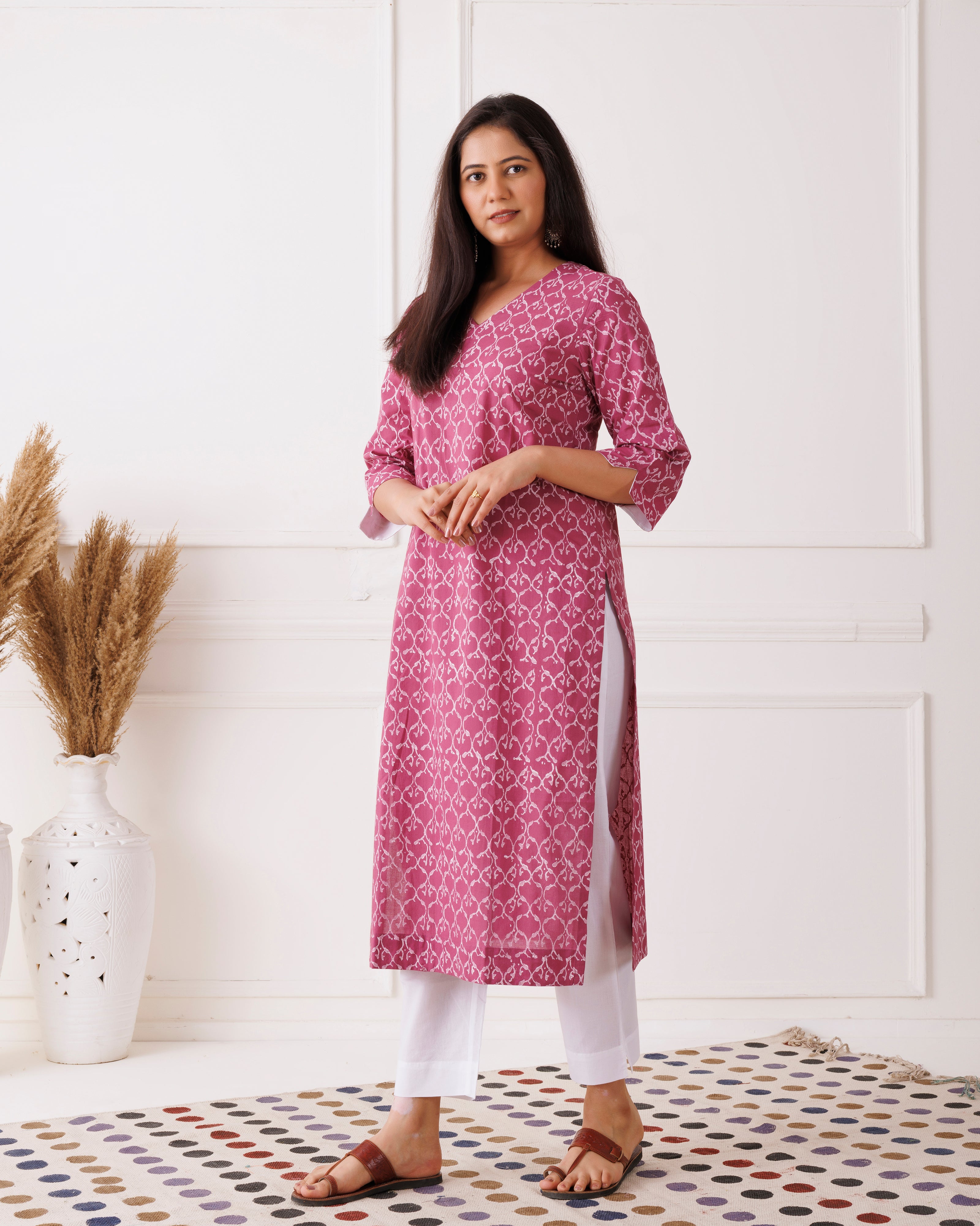 Blush Pink Gathered Handblock Printed Cotton Kurti
