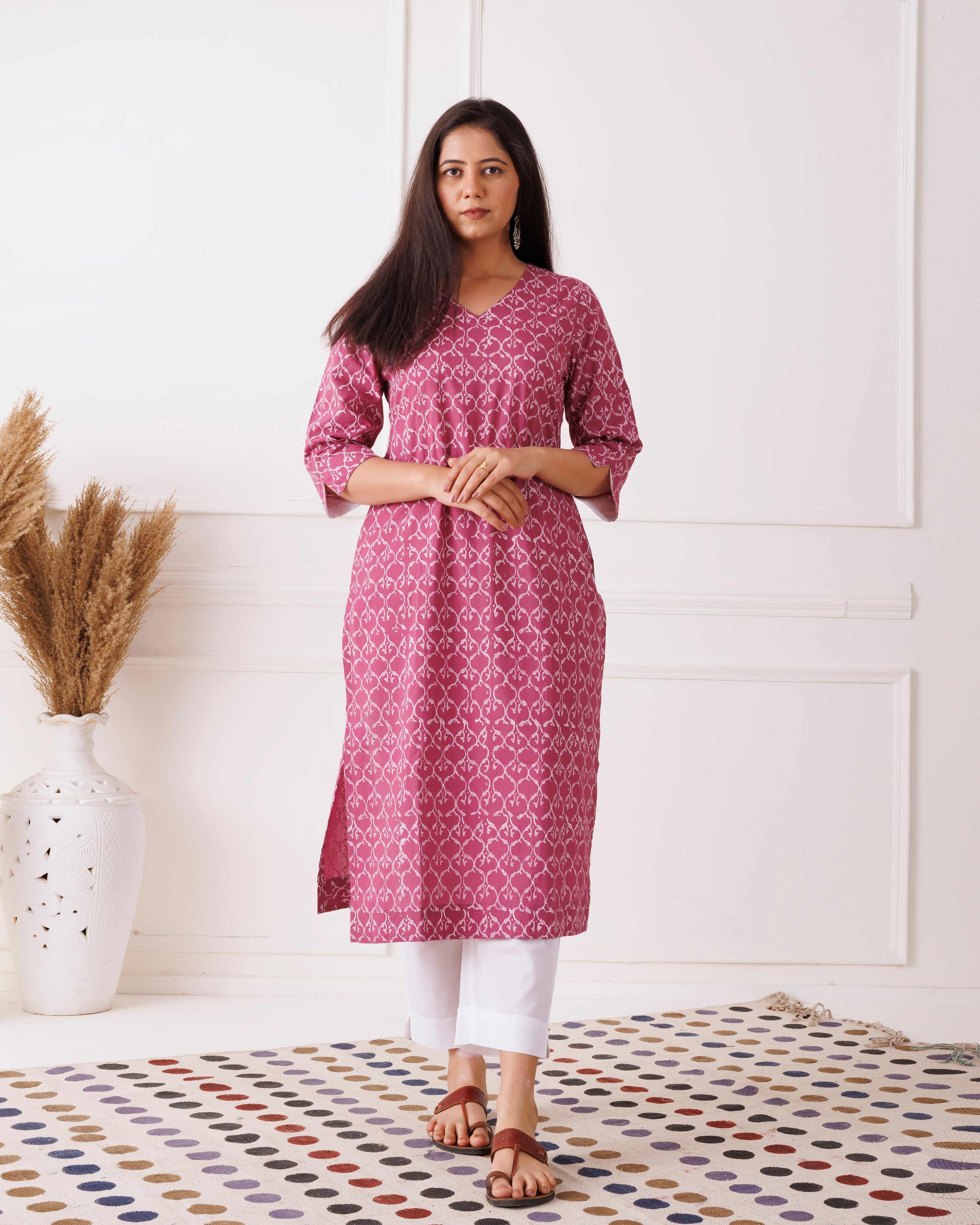 Blush Pink Gathered Handblock Printed Cotton Kurti