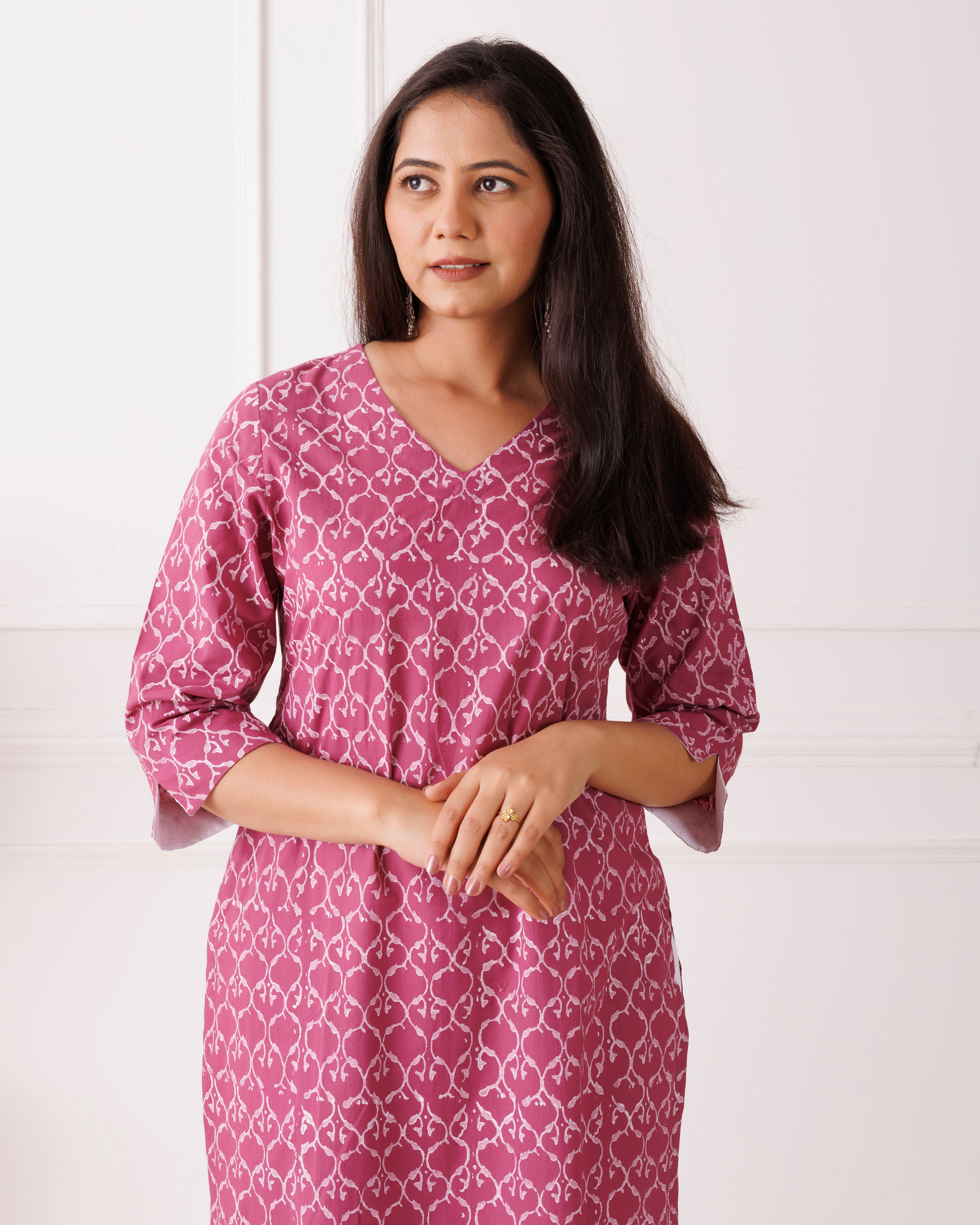 Blush Pink Gathered Handblock Printed Cotton Kurti