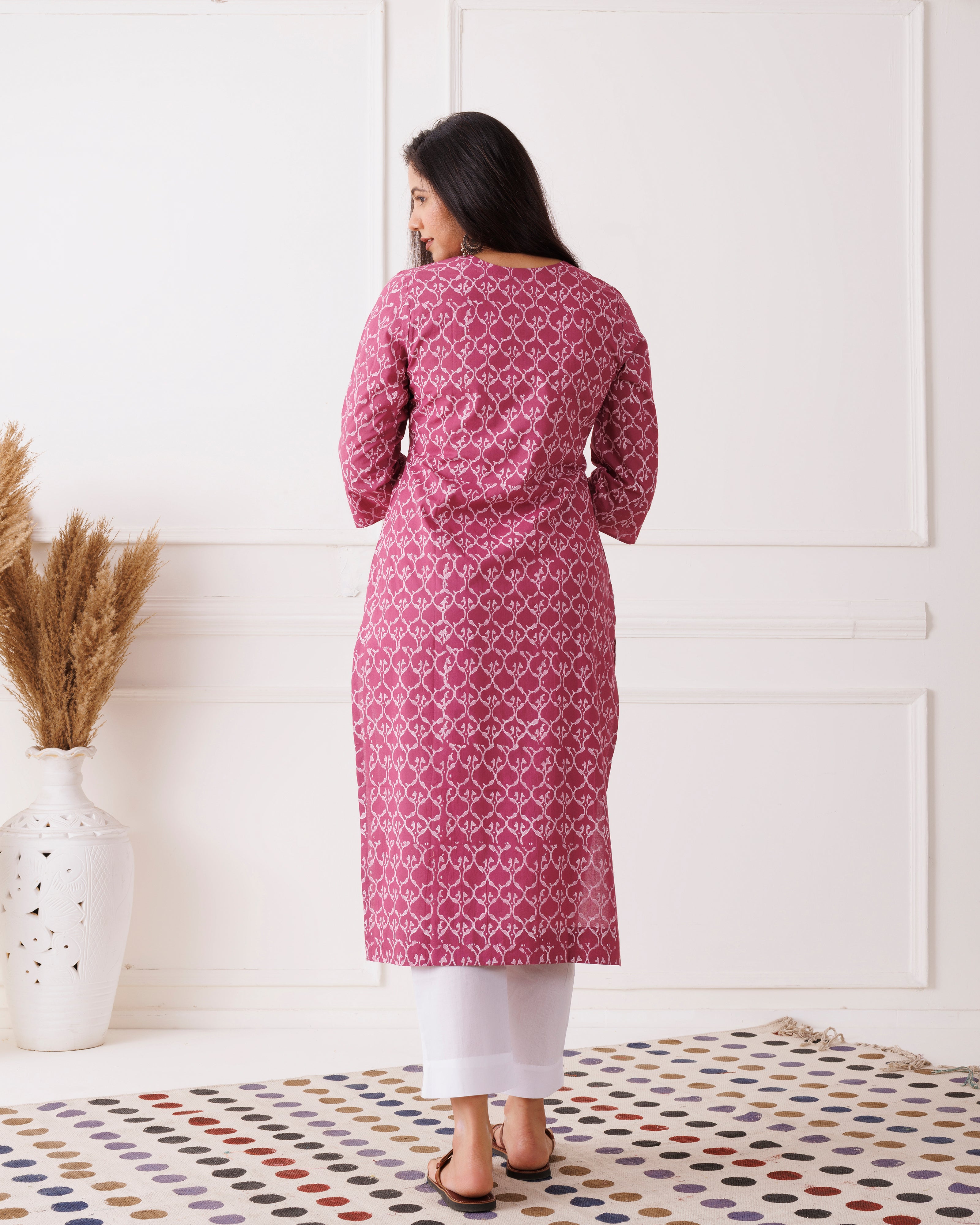 Blush Pink Gathered Handblock Printed Cotton Kurti