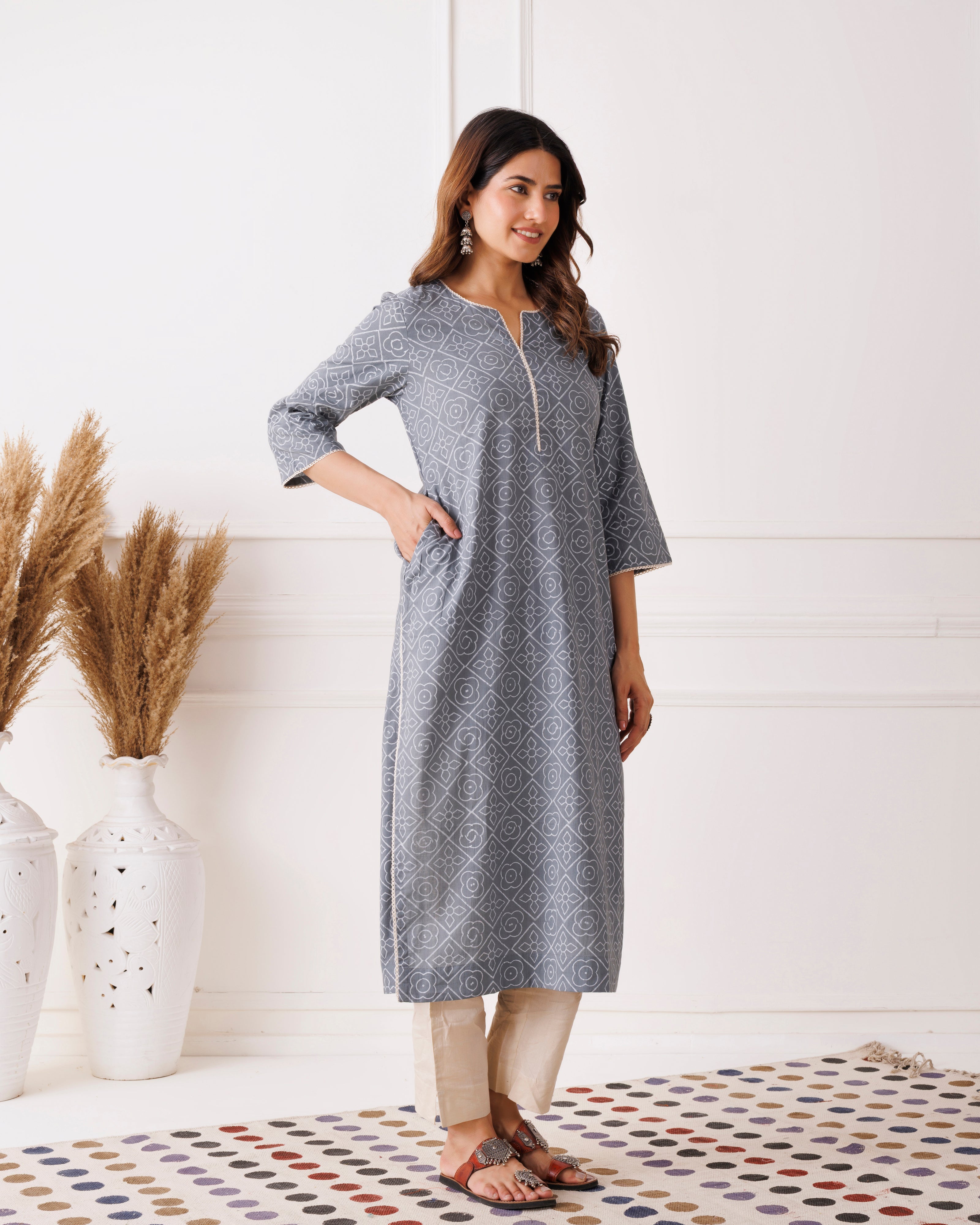 Gray Handblock Printed Cotton KurtI