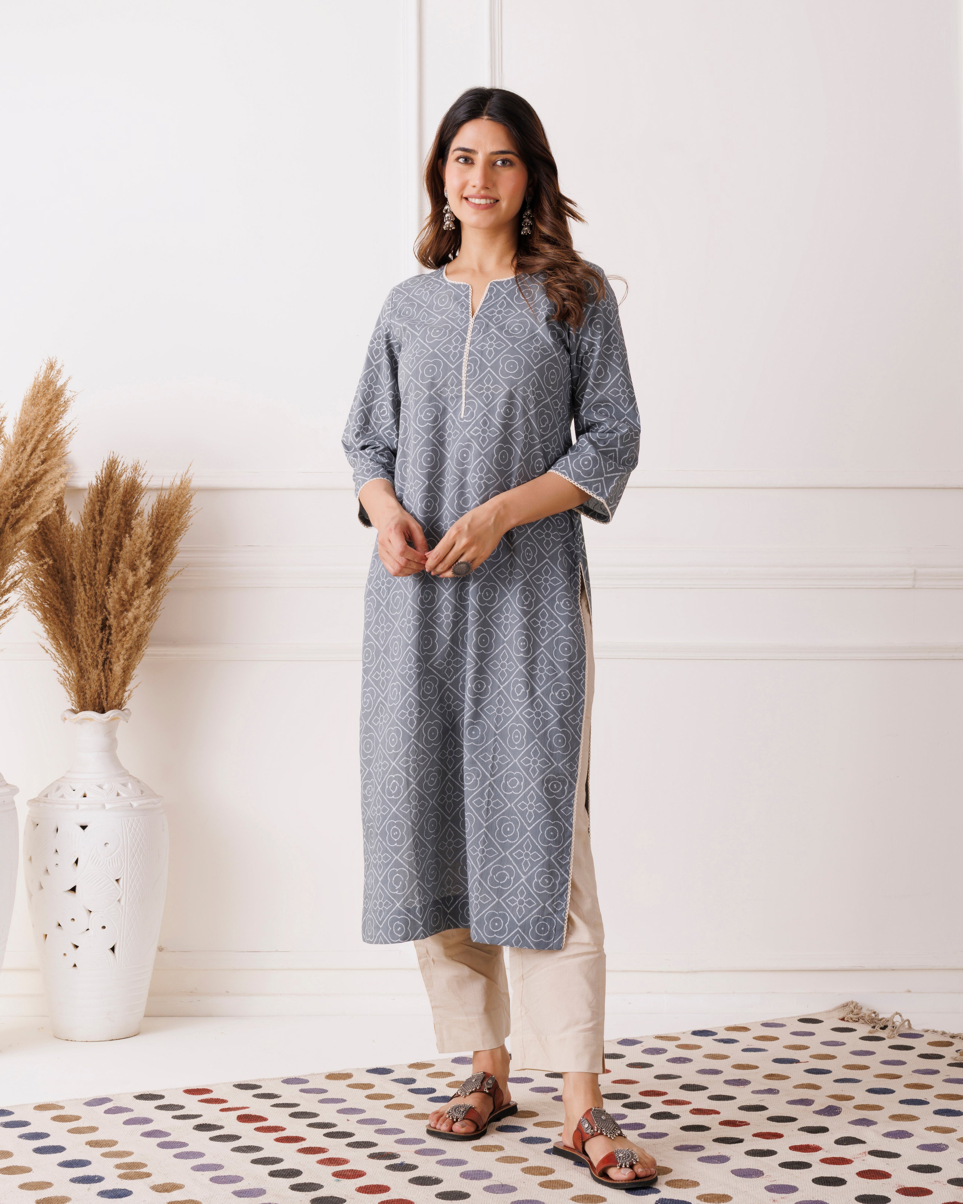 Gray Handblock Printed Cotton KurtI