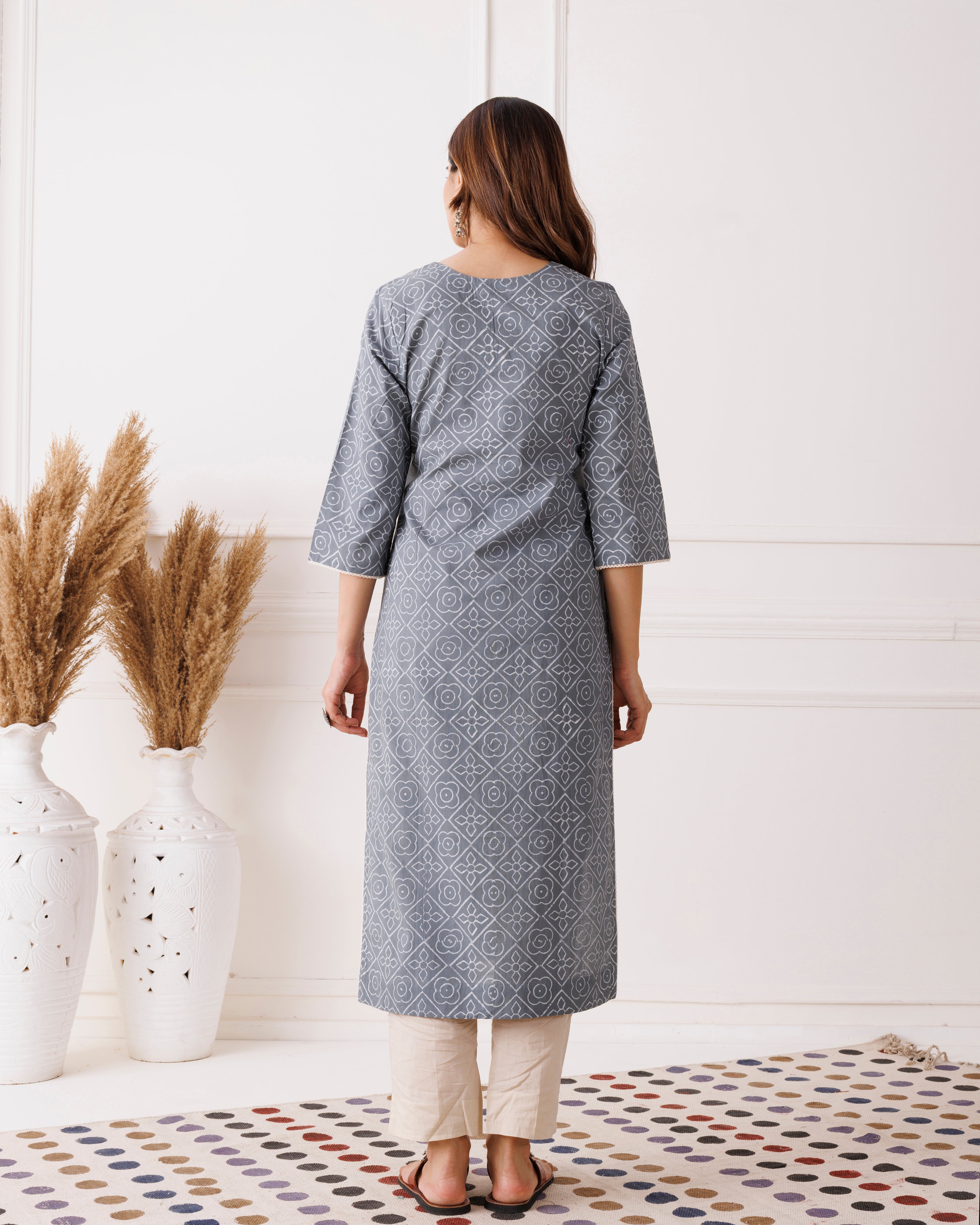 Gray Handblock Printed Cotton KurtI