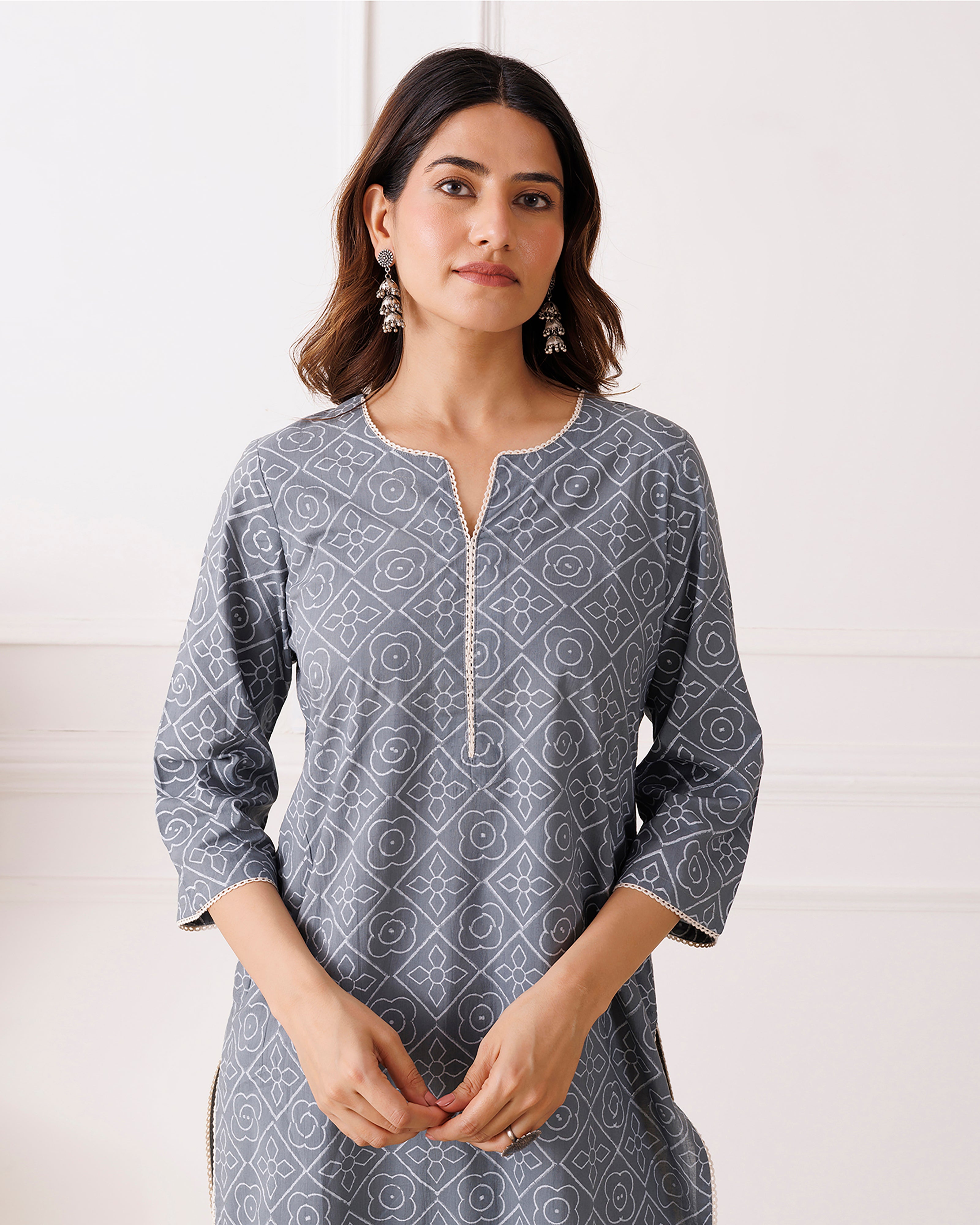 Gray Handblock Printed Cotton KurtI