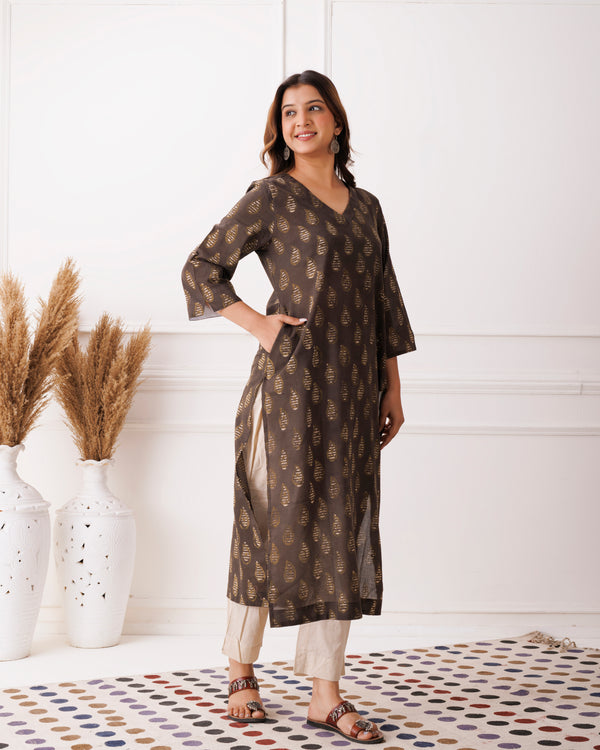 Coffee Brwon Gold Leaf Handblock Printed Cotton Kurti