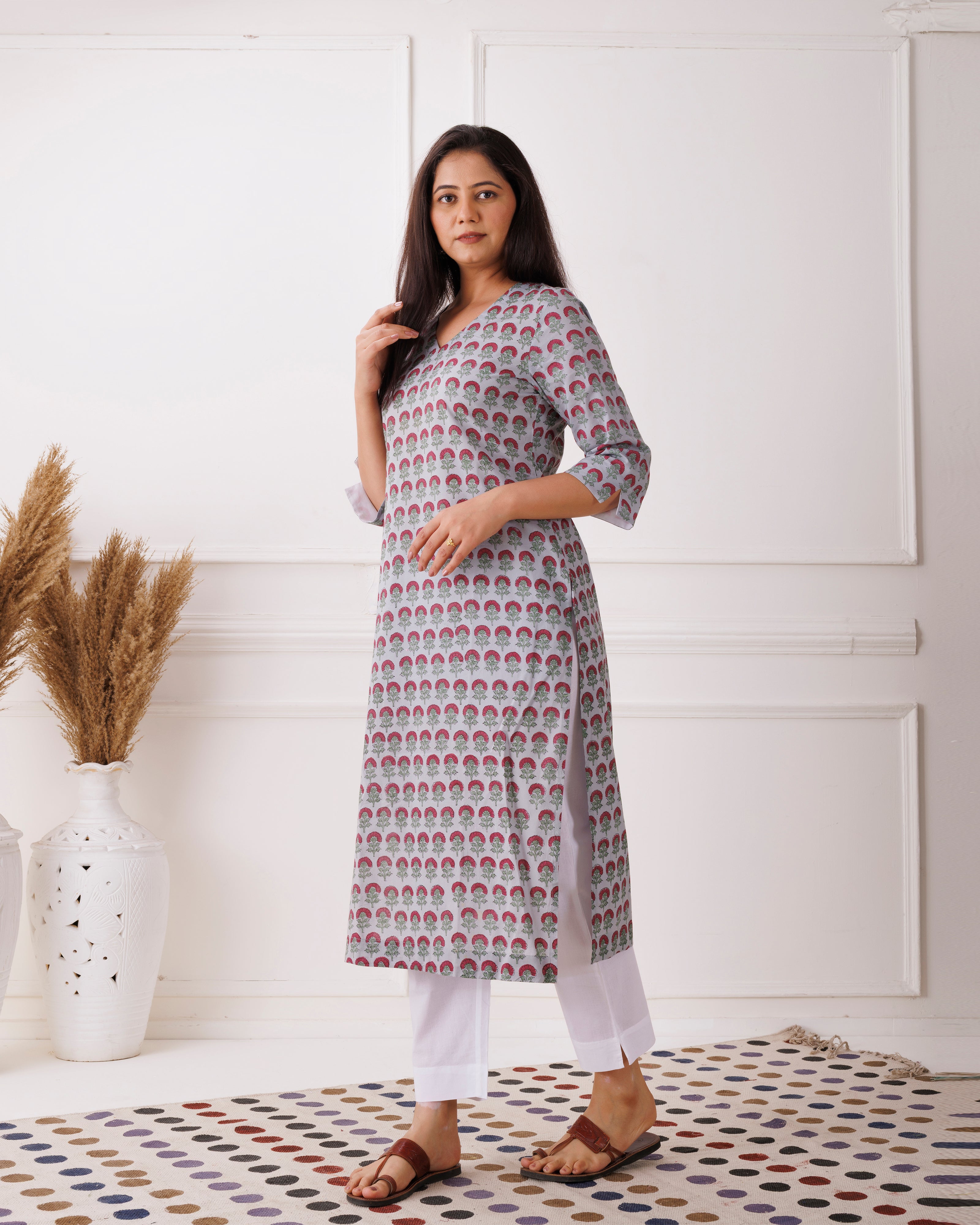 Gray Handblock Printed Red Boota Cotton Kurti