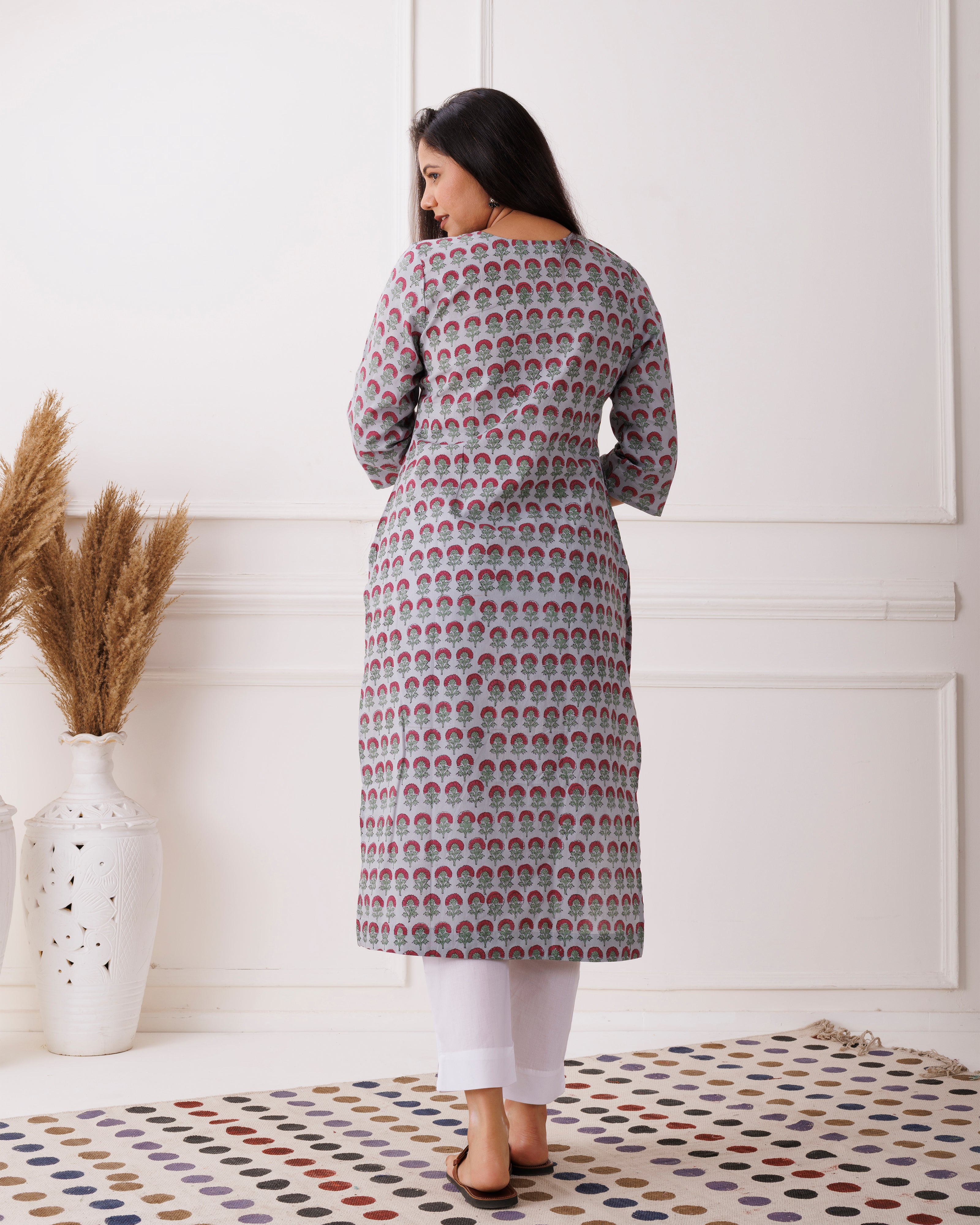Gray Handblock Printed Red Boota Cotton Kurti