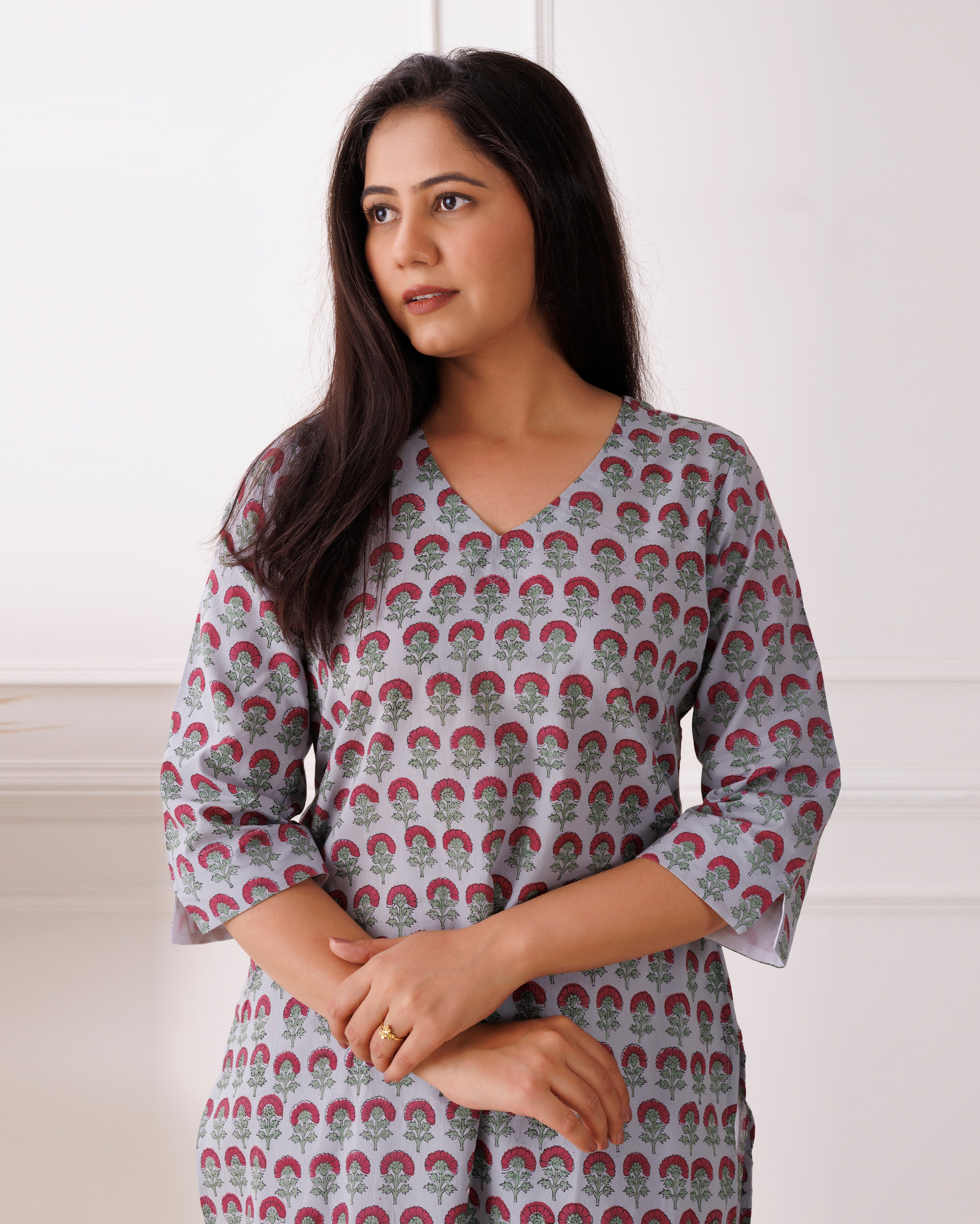 Gray Handblock Printed Red Boota Cotton Kurti