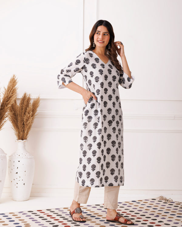 White Handblock Printed Black Motifs Cotton Kurti