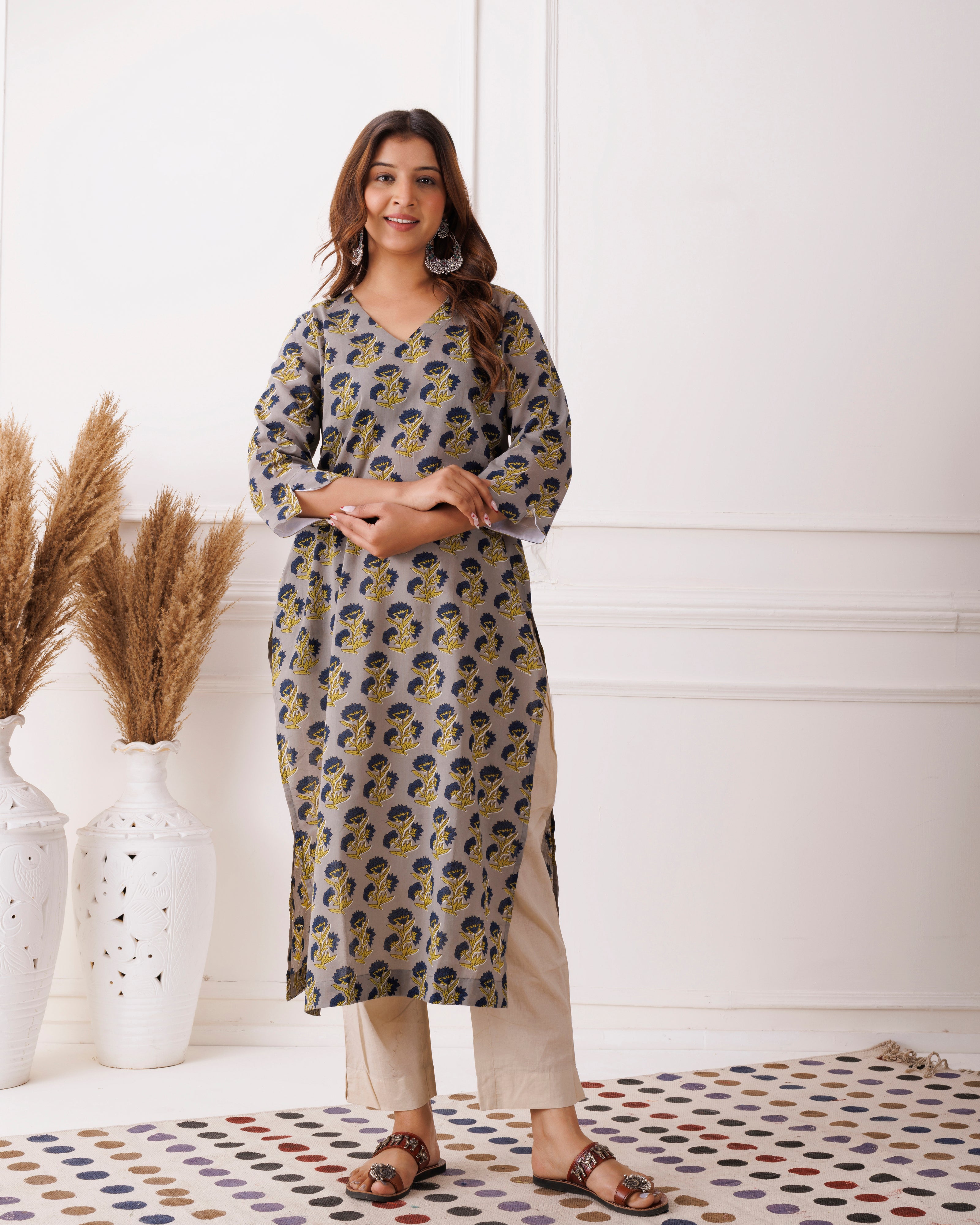 Gray Handblock Printed Blue Motifs Cotton Kurti