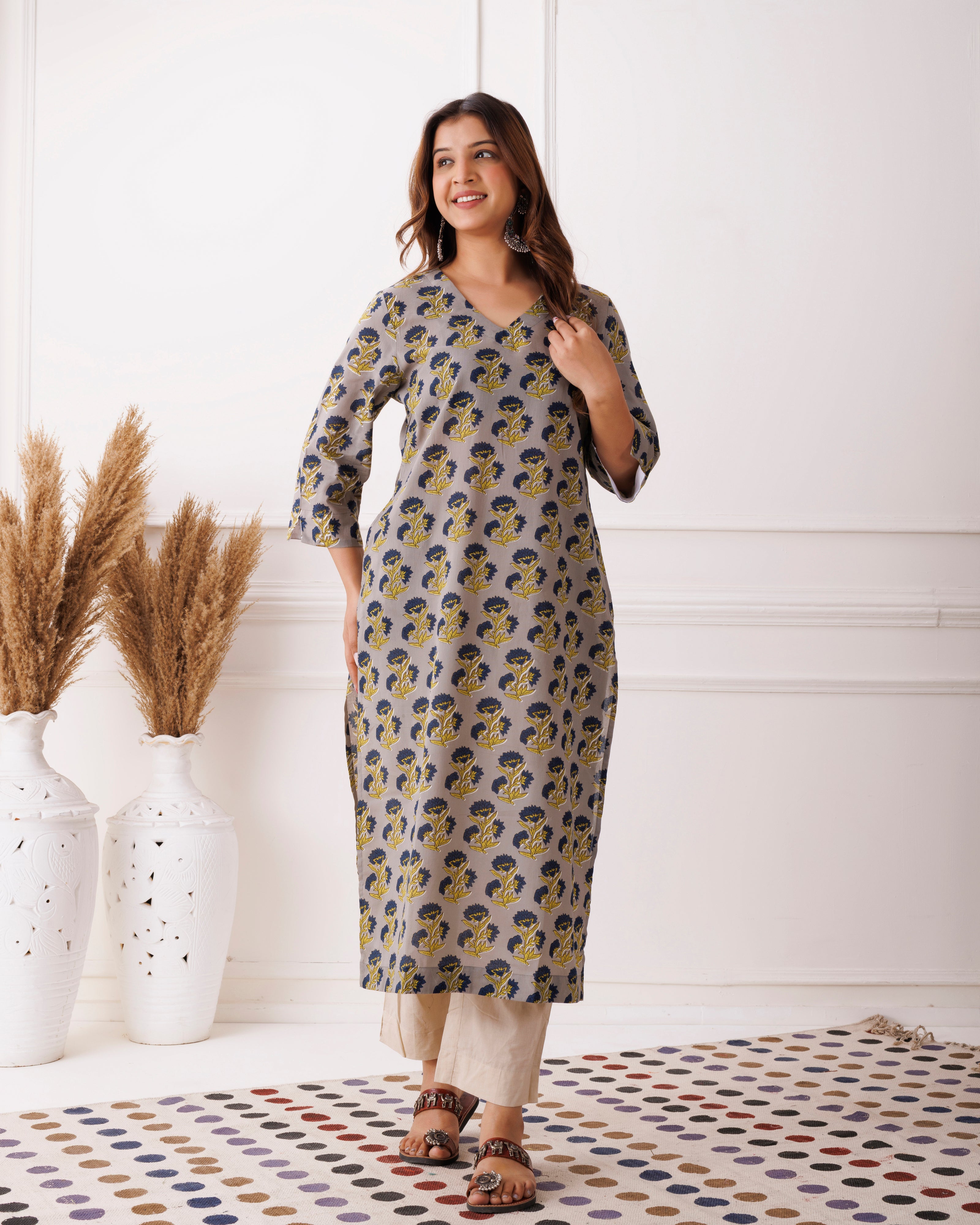 Gray Handblock Printed Blue Motifs Cotton Kurti