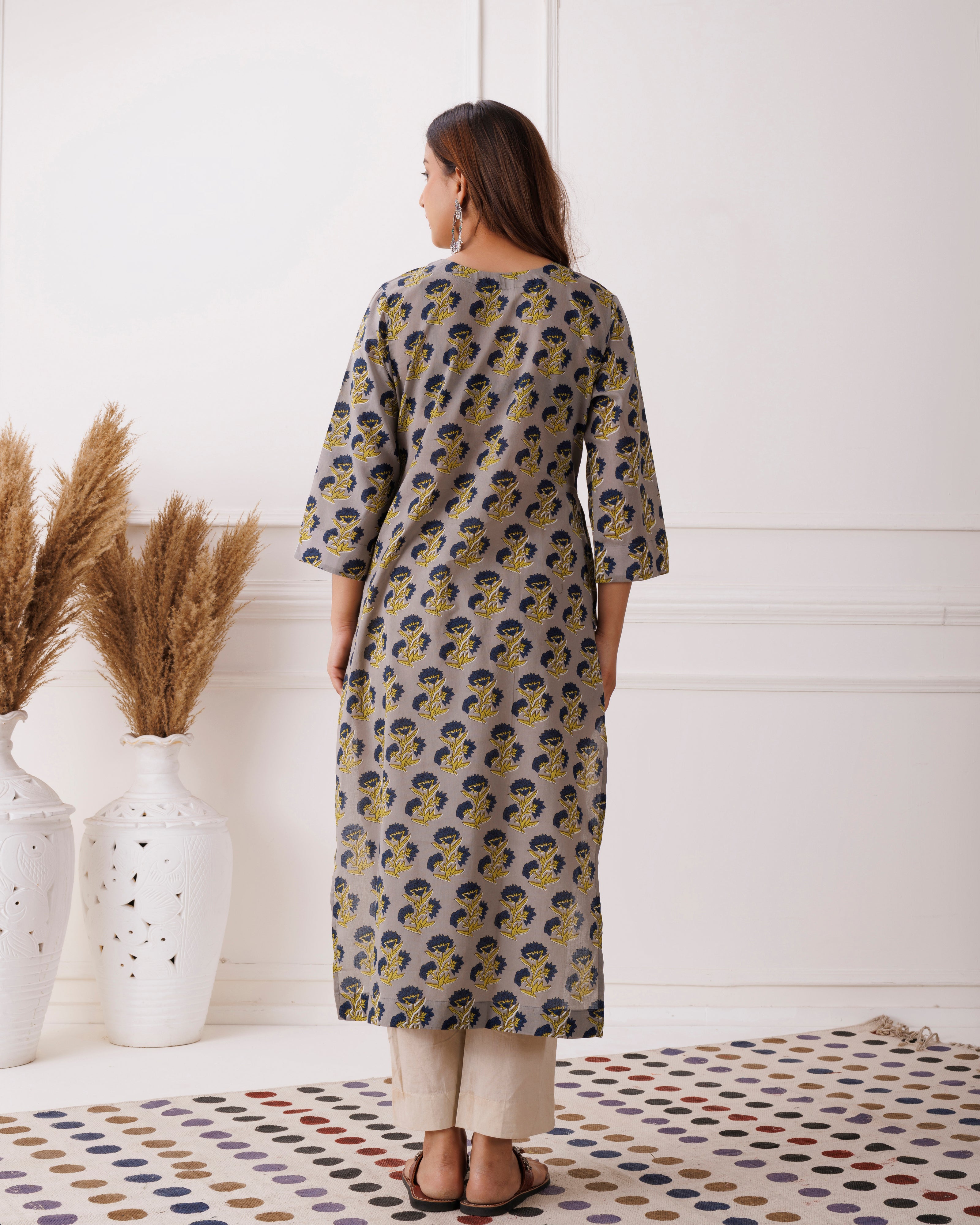 Gray Handblock Printed Blue Motifs Cotton Kurti