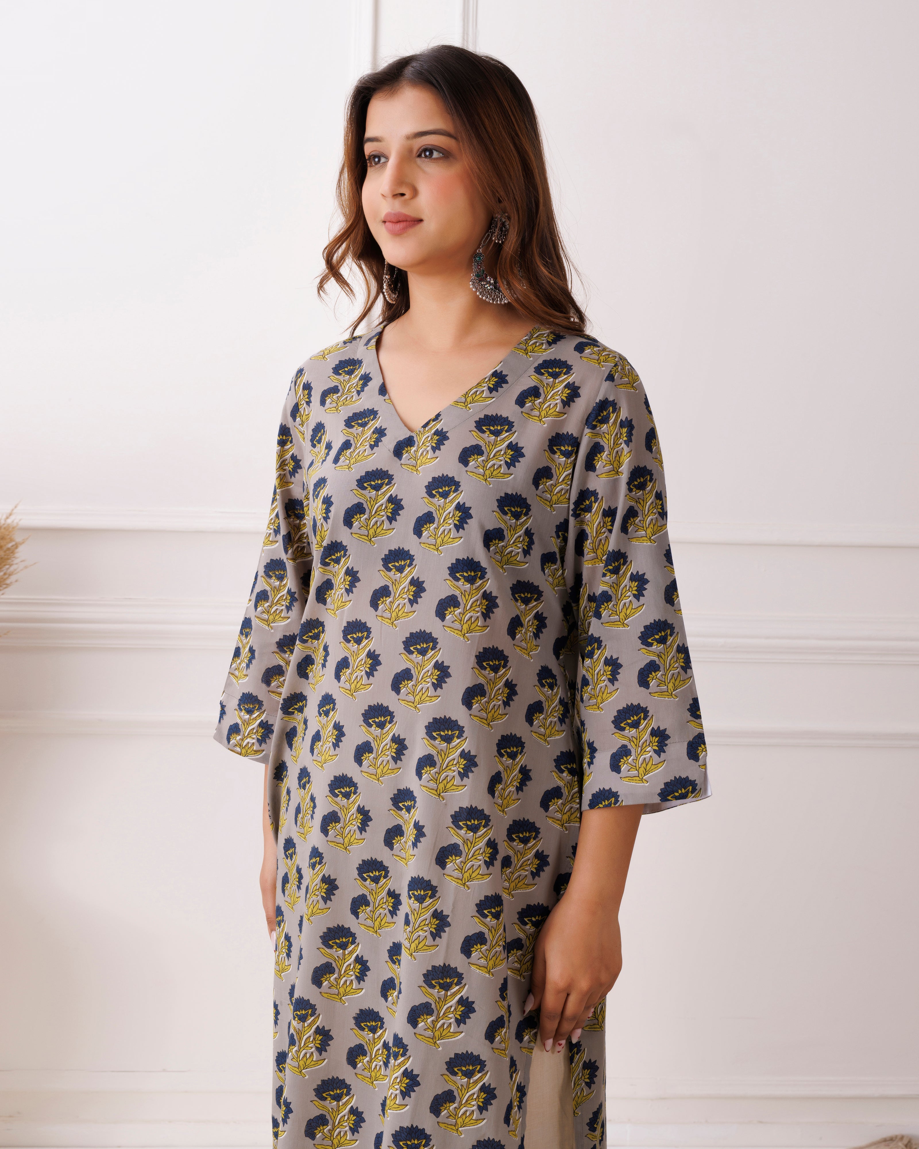 Gray Handblock Printed Blue Motifs Cotton Kurti
