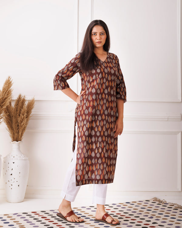 Dark Brown Leaf Handblock Printed Cotton Kurti