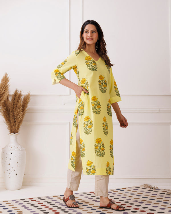 Yellow Booti Handblock Printed Cotton Kurti