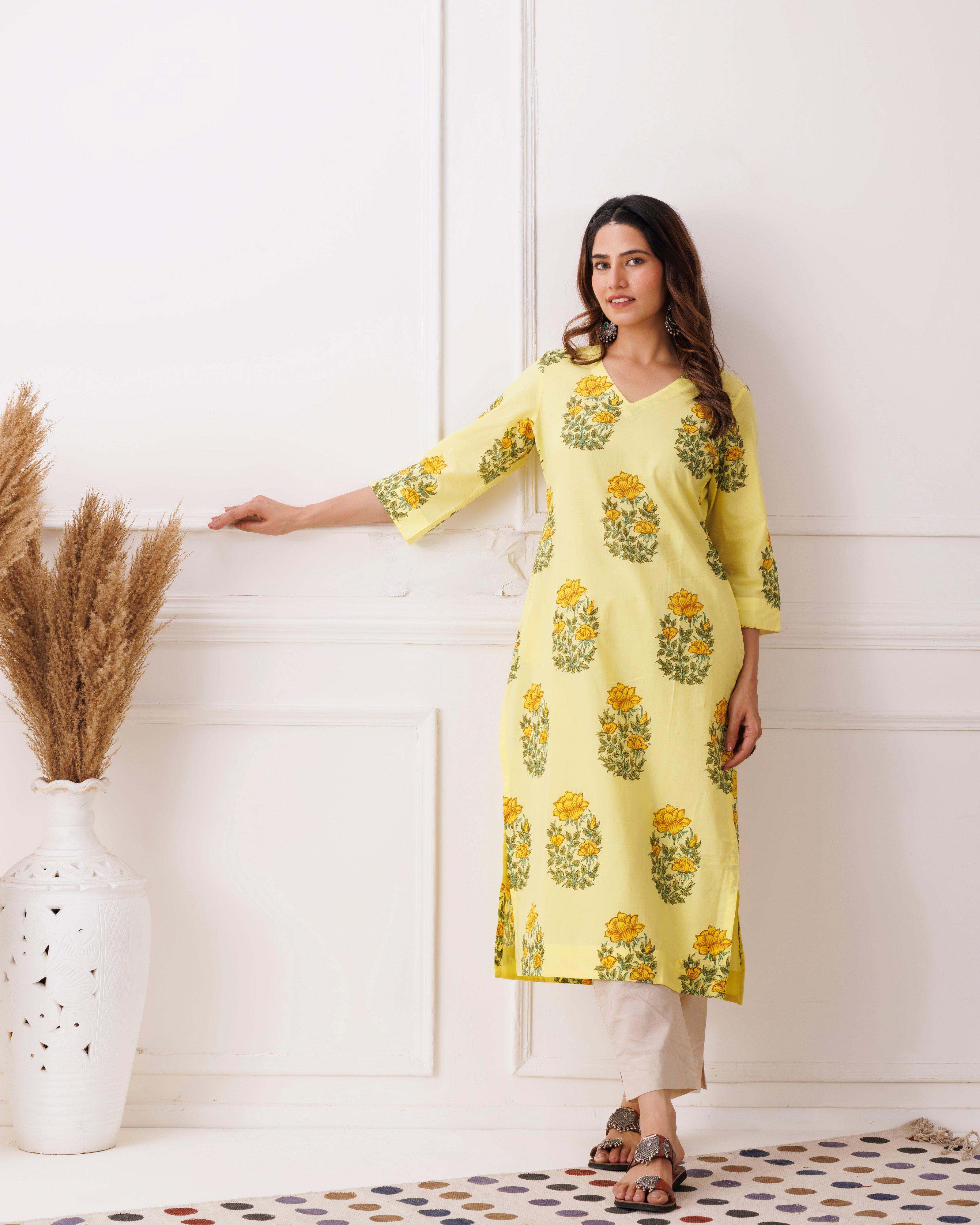 Yellow Booti Handblock Printed Cotton Kurti