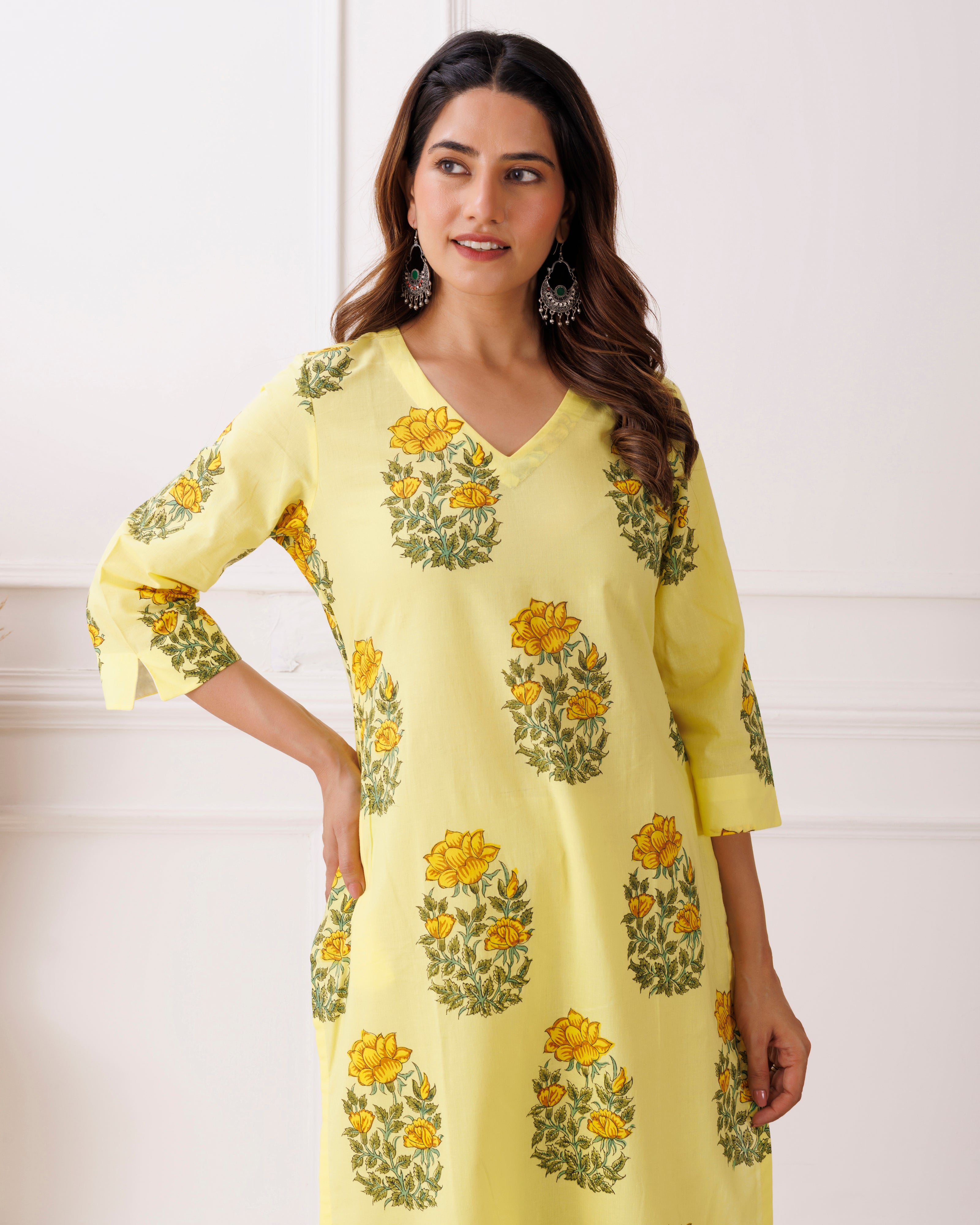 Yellow Booti Handblock Printed Cotton Kurti