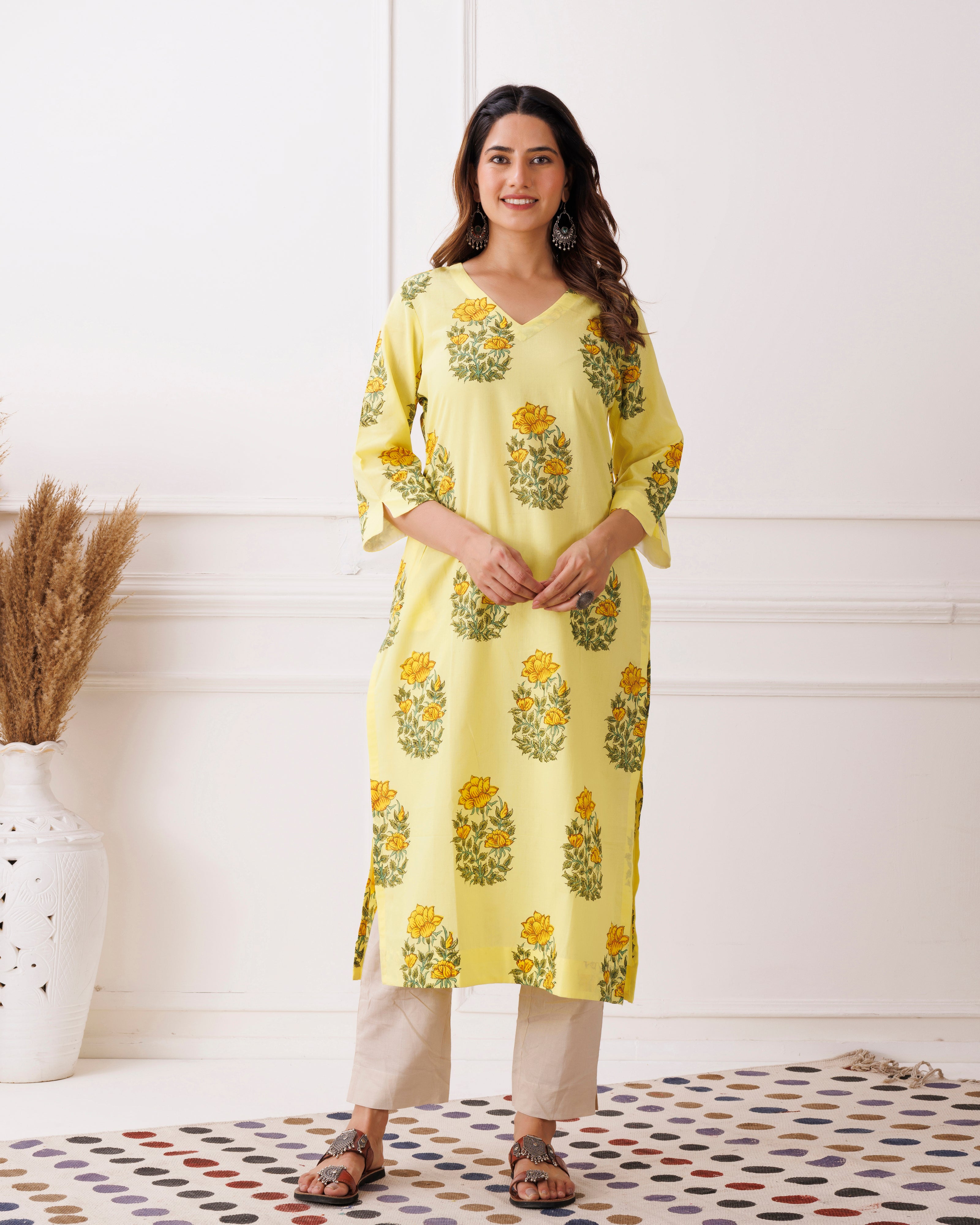 Yellow Booti Handblock Printed Cotton Kurti