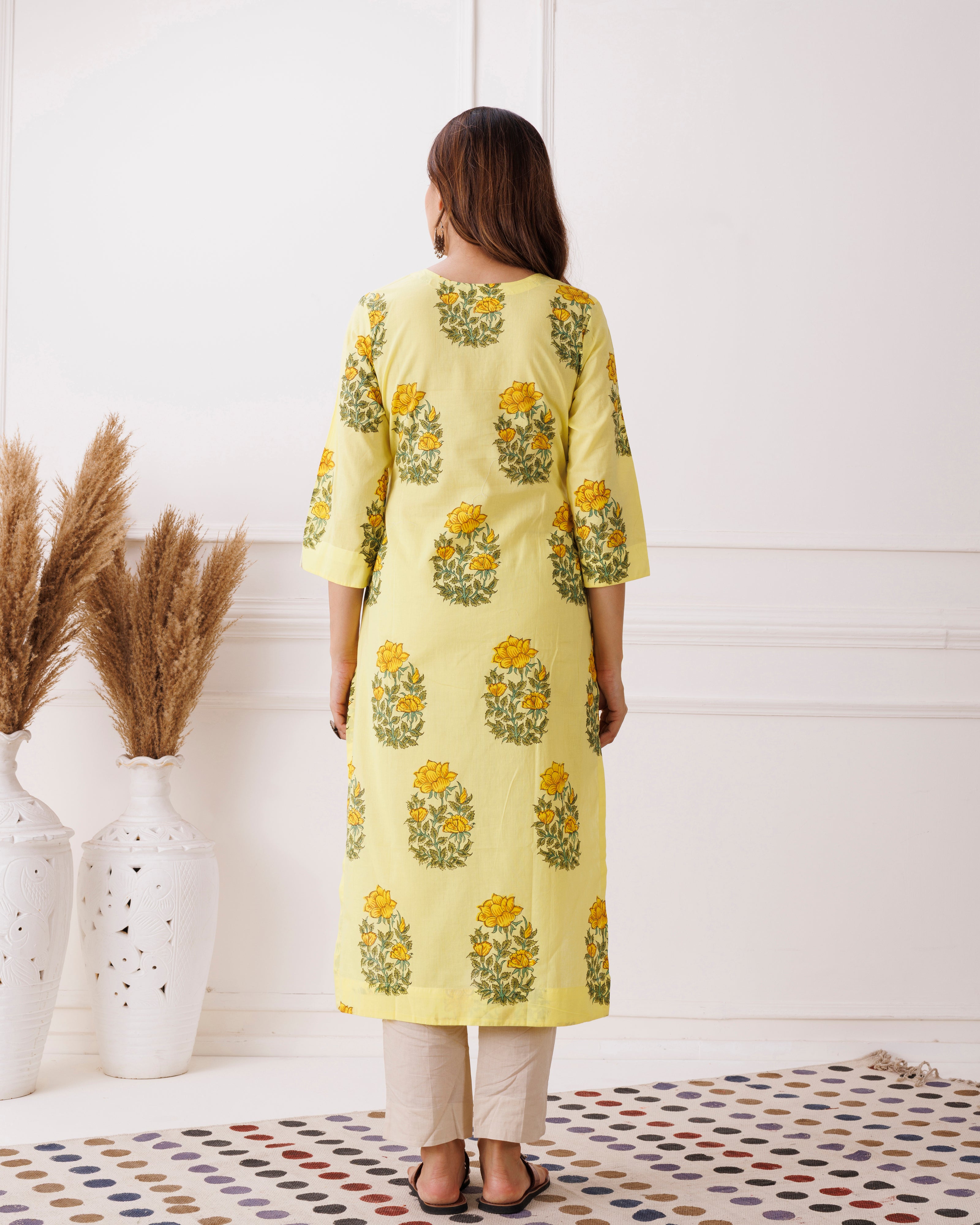 Yellow Booti Handblock Printed Cotton Kurti