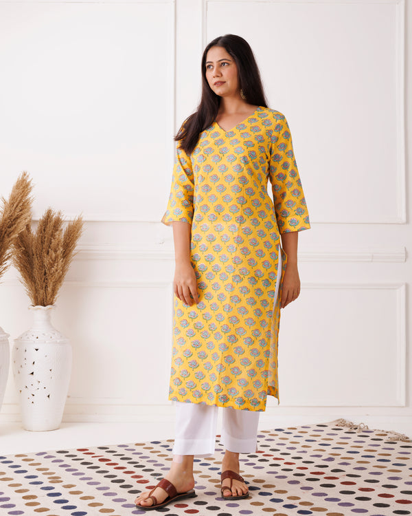 Yellow Handblock Butti Printed Cotton Kurti