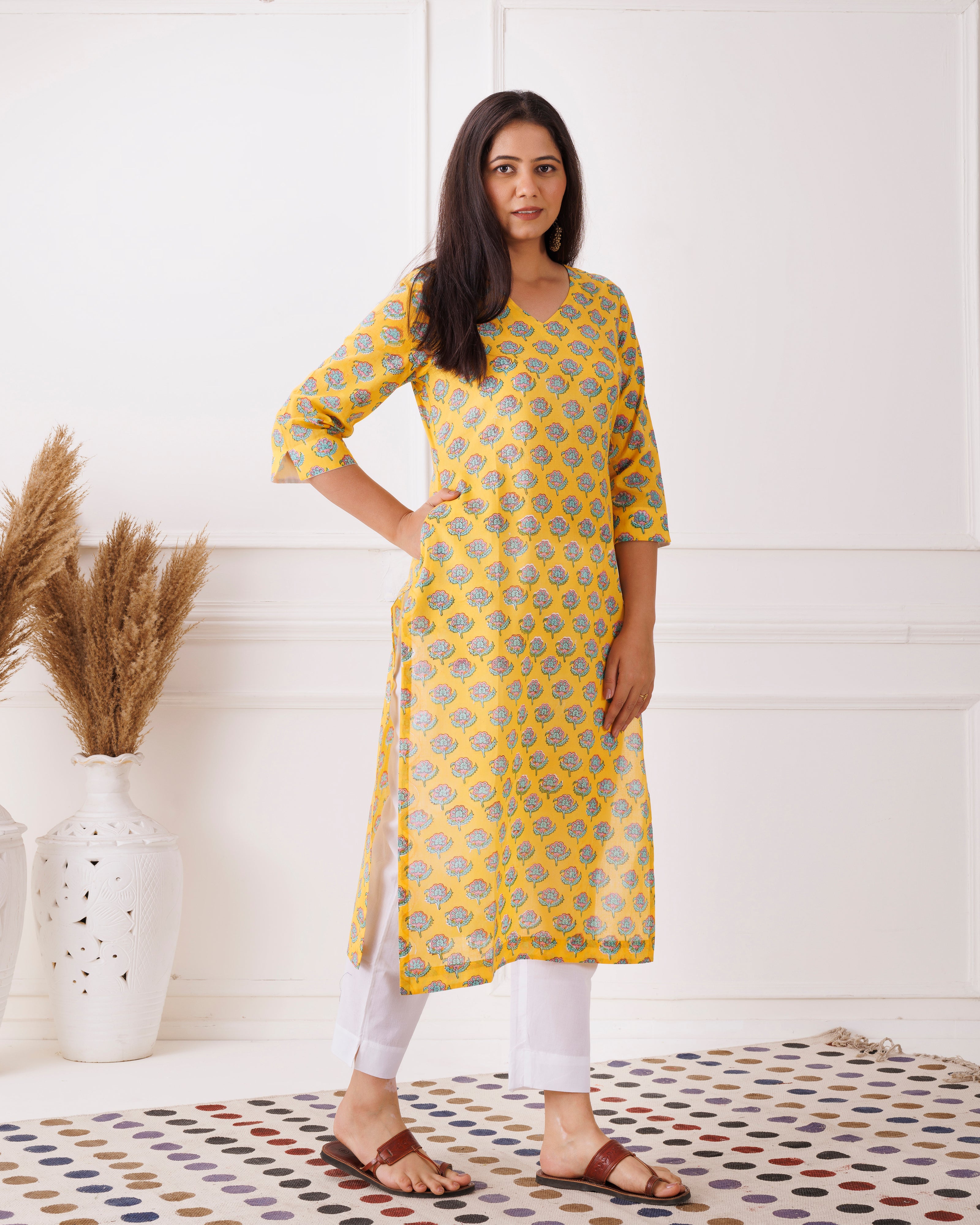 Yellow Handblock Butti Printed Cotton Kurti