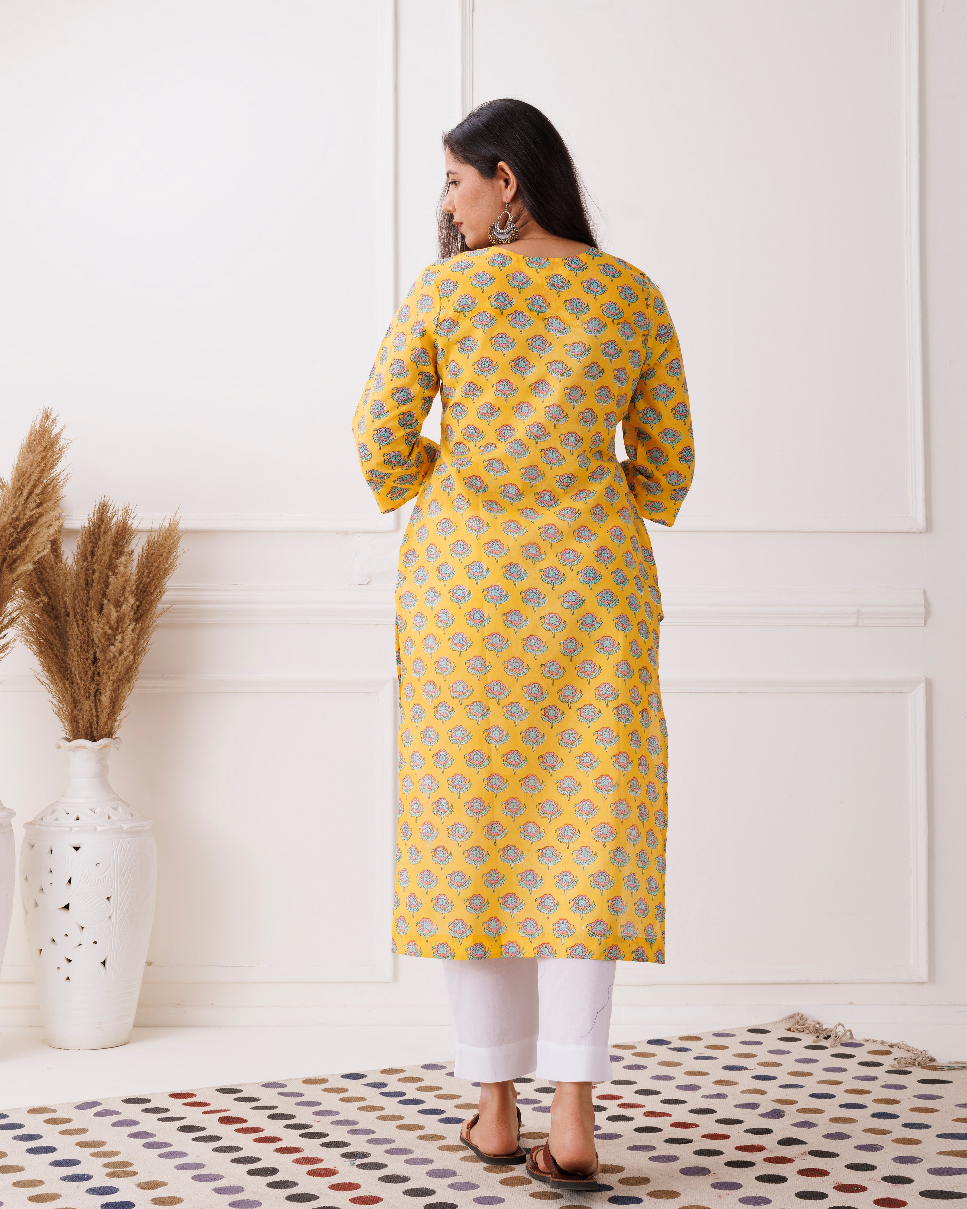 Yellow Handblock Butti Printed Cotton Kurti