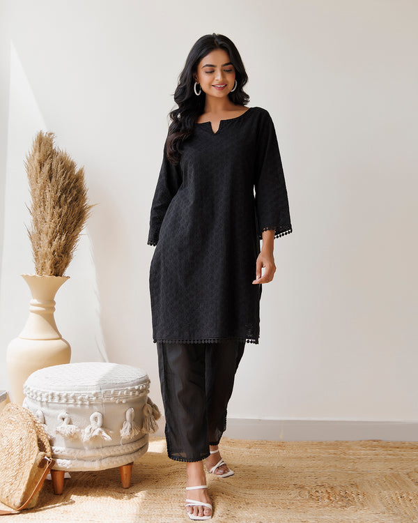 Black Schiffli Kurta Set