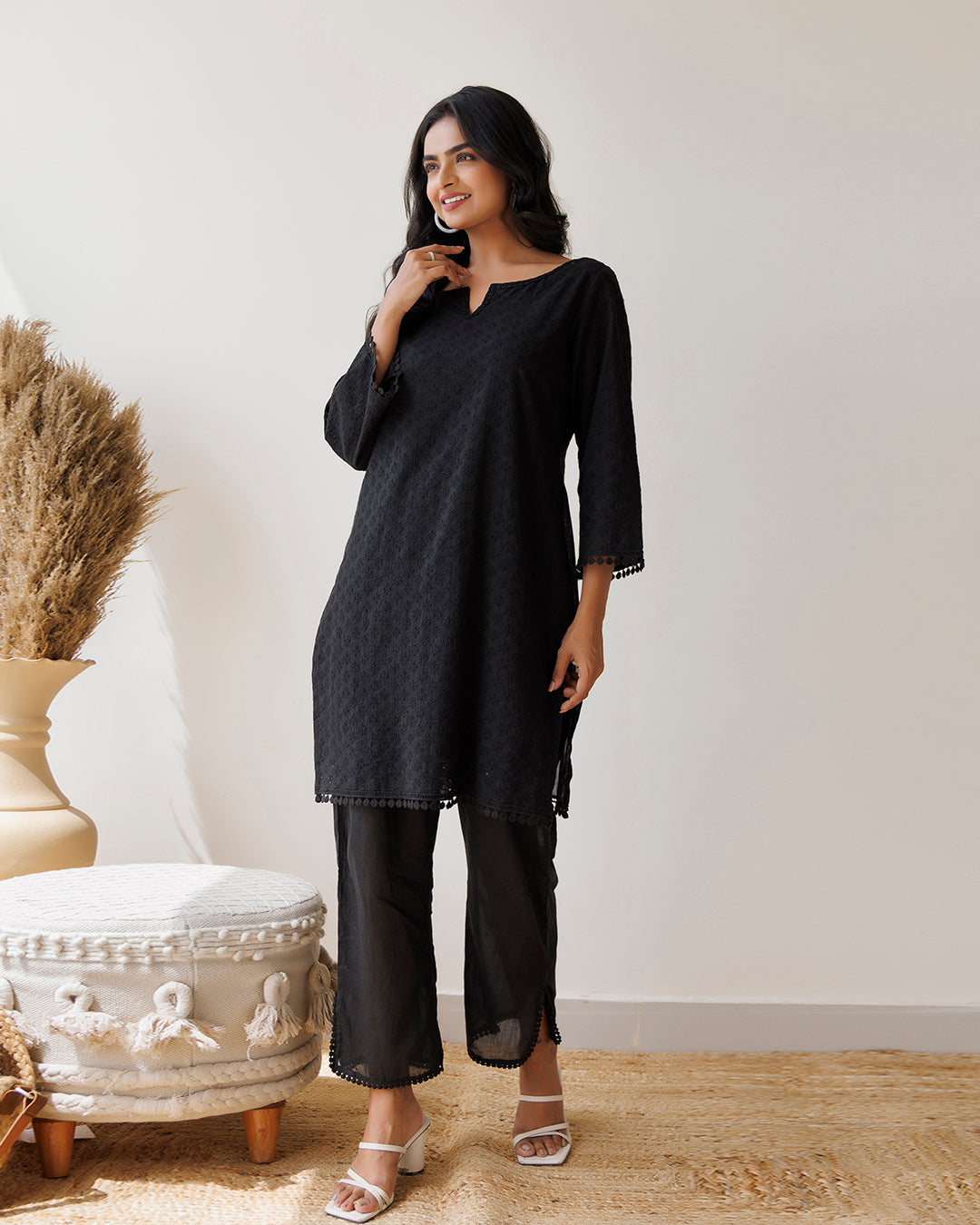 Black Schiffli Cotton Kurta & Pant Set