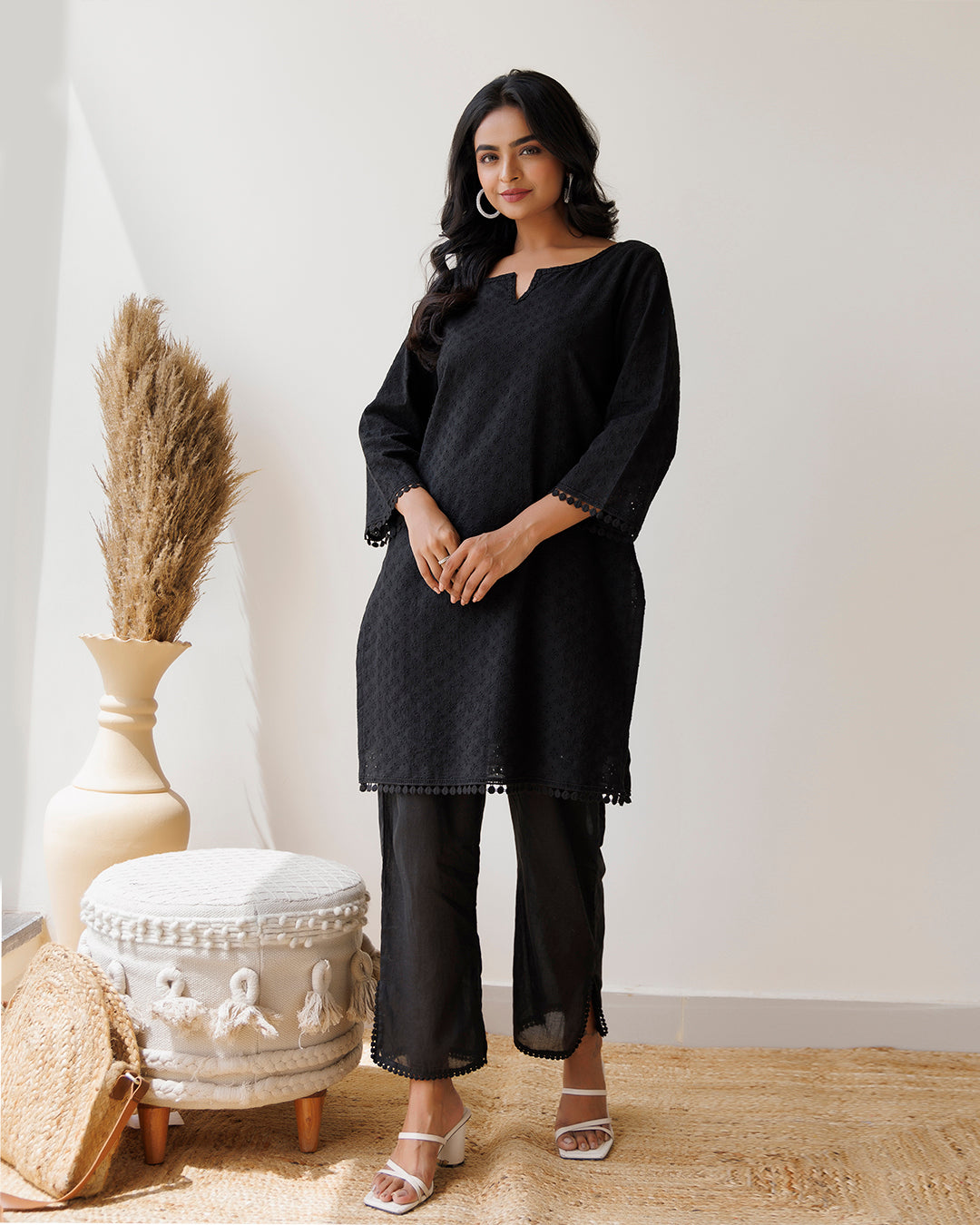 Black Schiffli Cotton Kurta & Pant Set