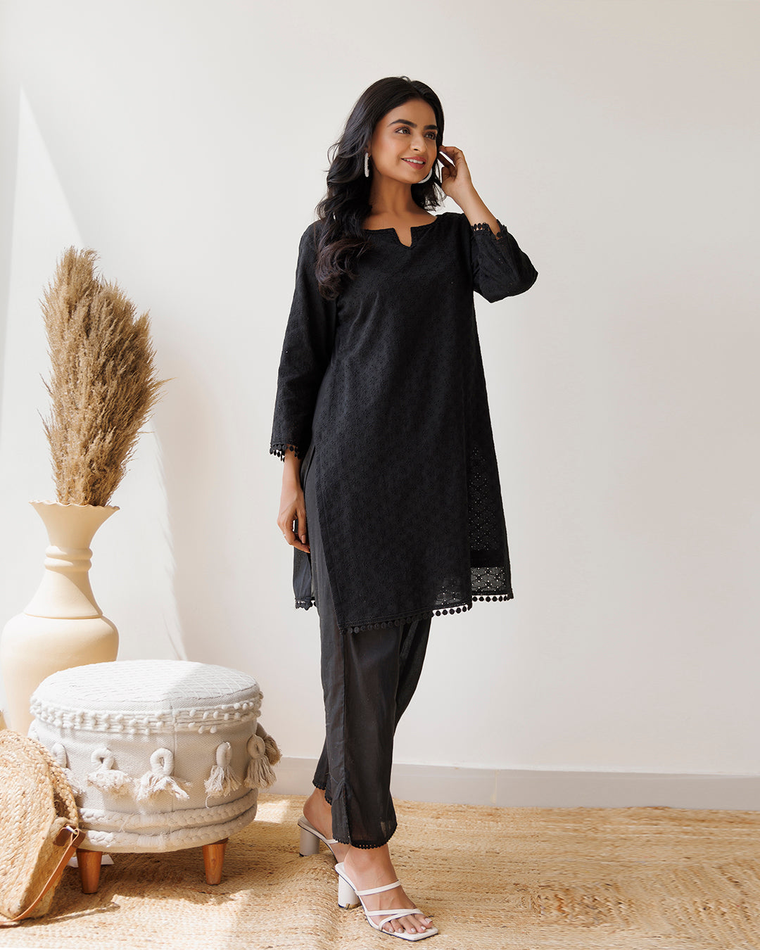 Black Schiffli Cotton Kurta & Pant Set