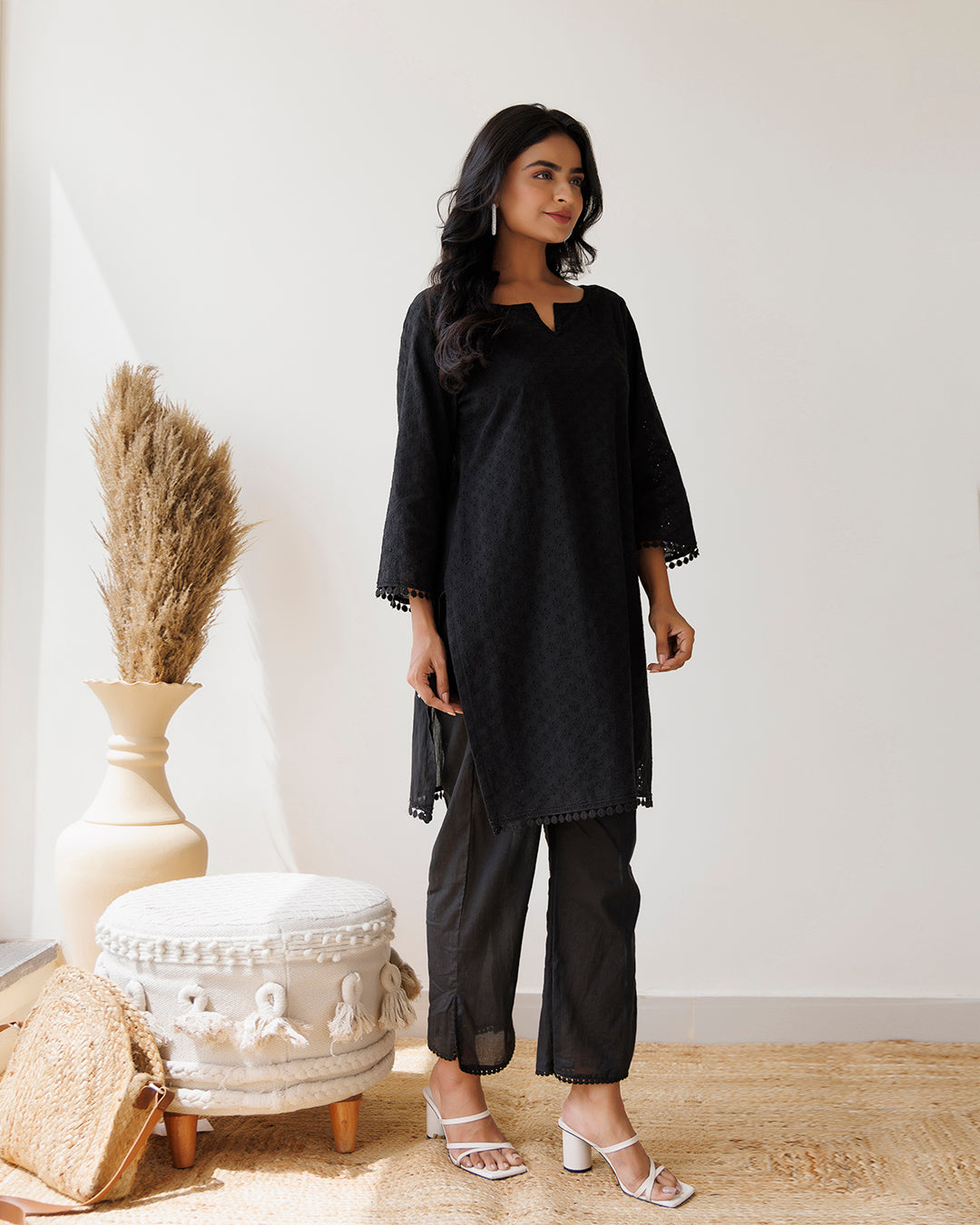 Black Schiffli Cotton Kurta & Pant Set