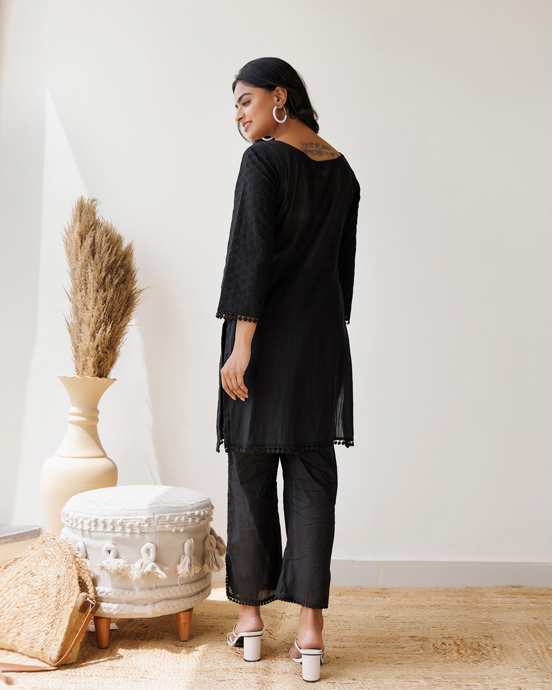 Black Schiffli Cotton Kurta & Pant Set