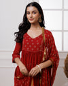 Cherry Red Rogan Print Suit  Set