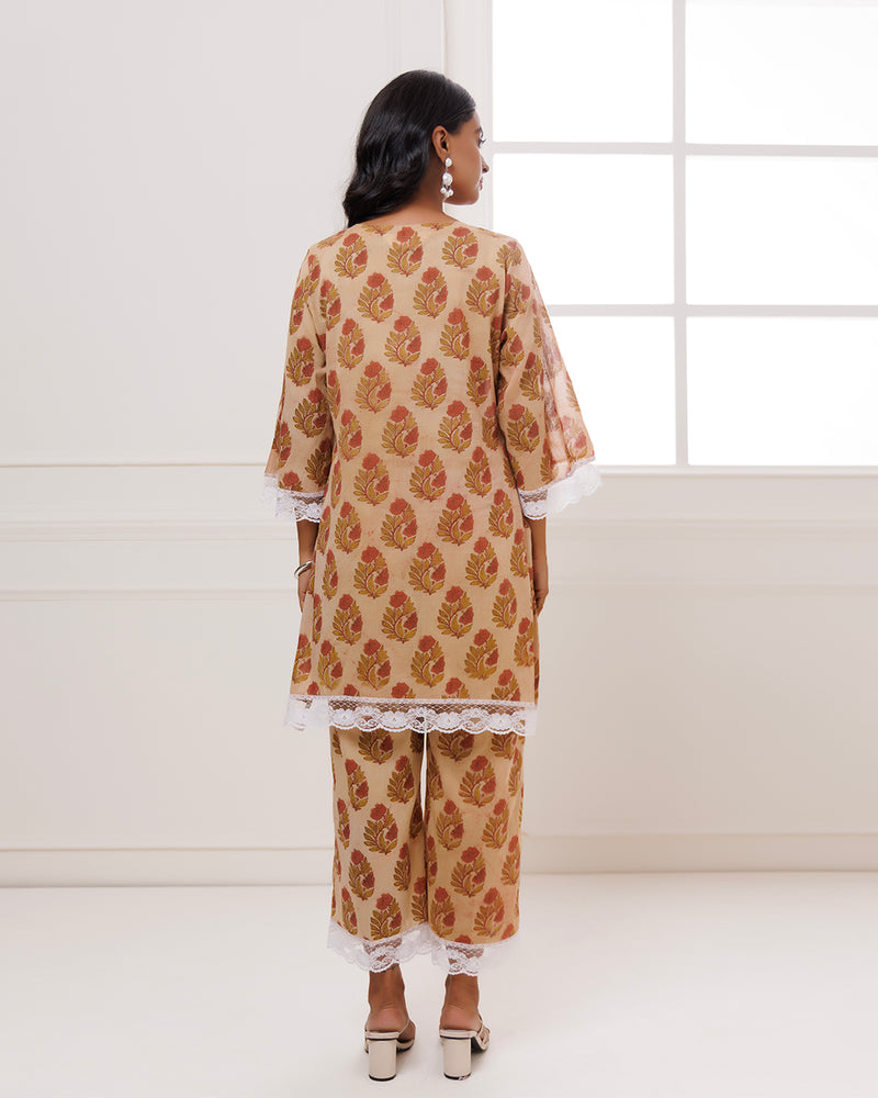 Noor Coral Dabu Block Butta Printed Kurta Pant Set