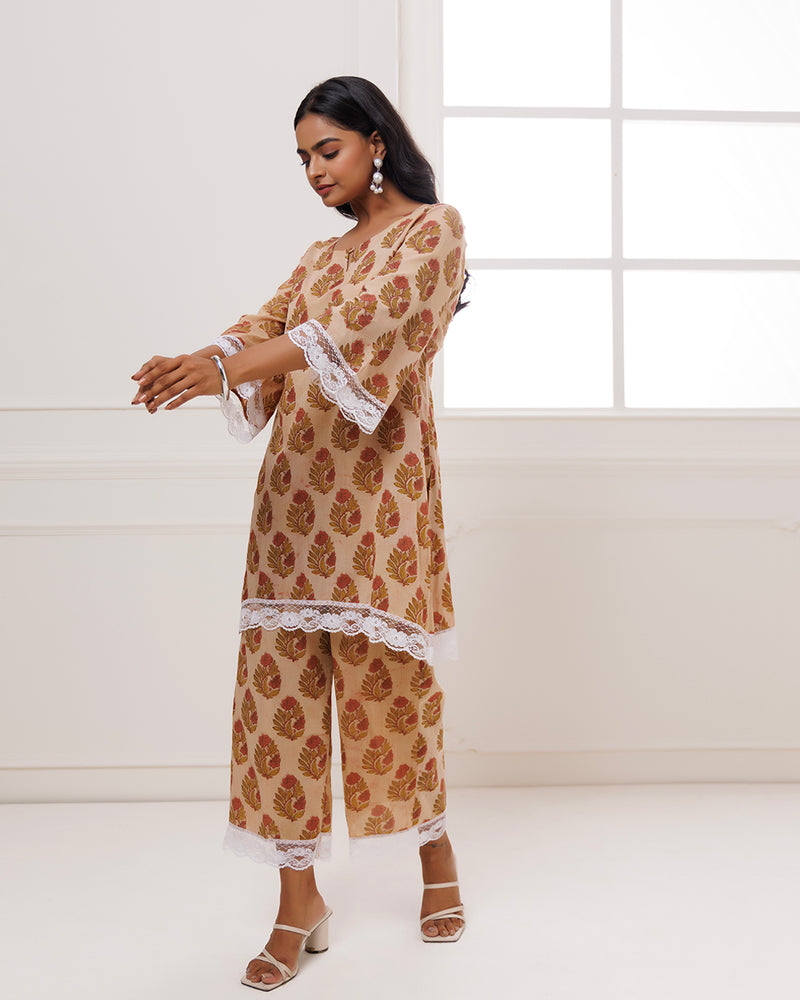 Noor Coral Dabu Block Butta Printed Kurta Pant Set