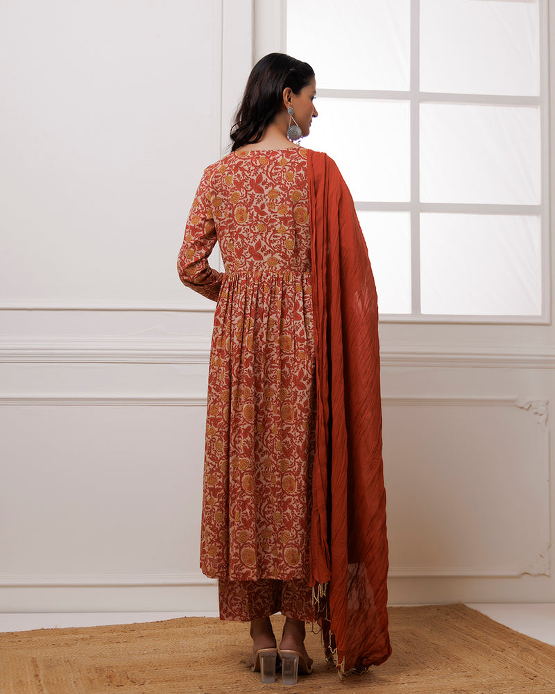 Noor Coral Dabu Block jaal Printed Gathered Suit set