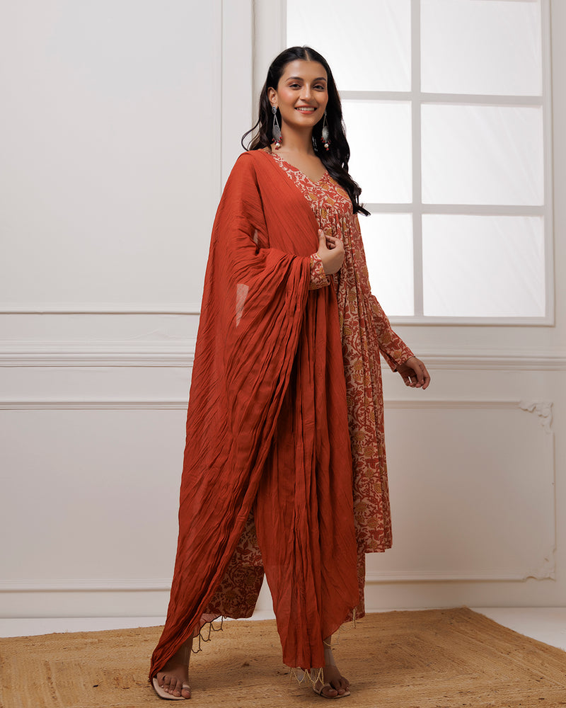 Noor Coral Dabu Block jaal Printed Gathered Suit set