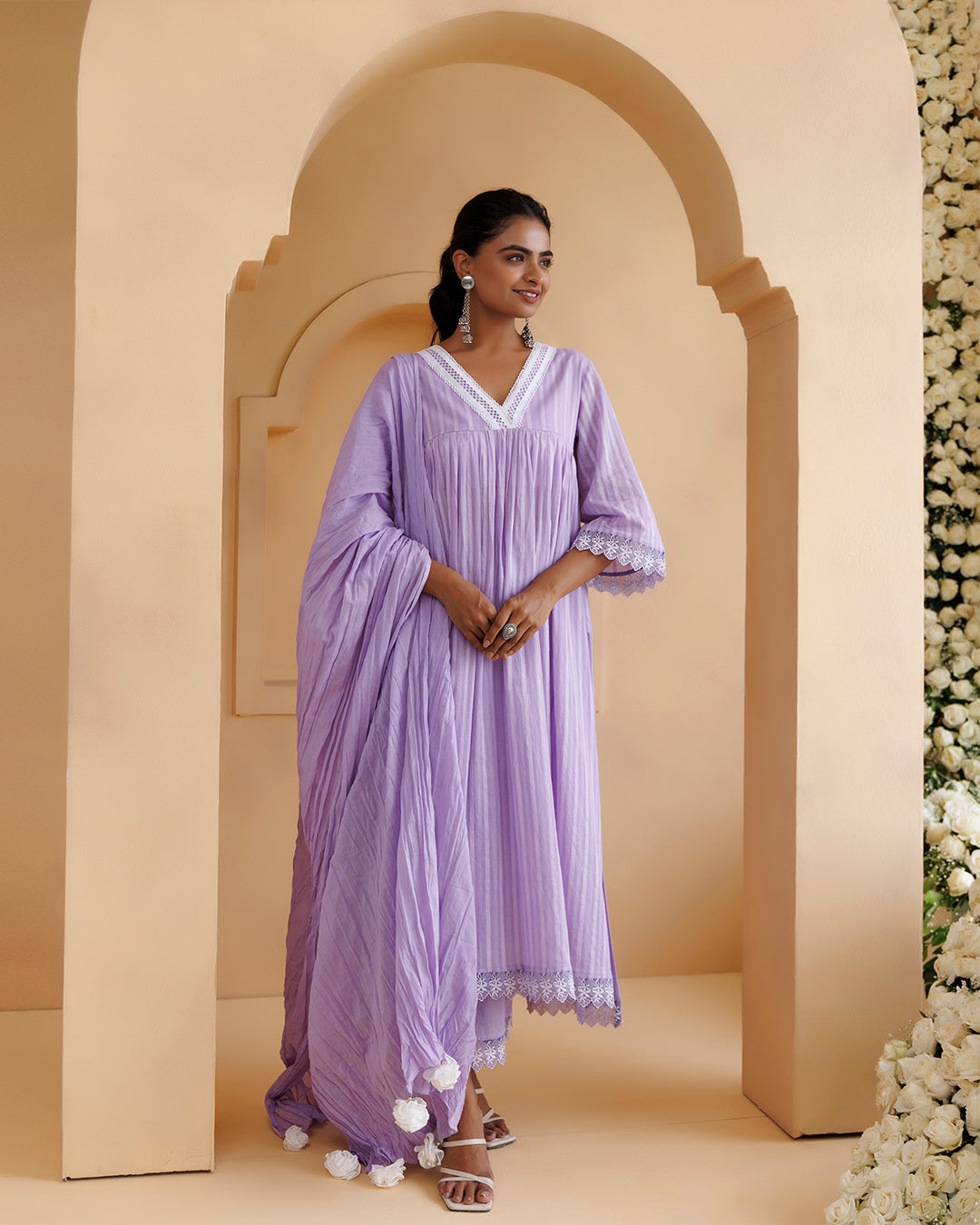 Ghazal Lavender Lino Mul Gathered Lace Suit Set