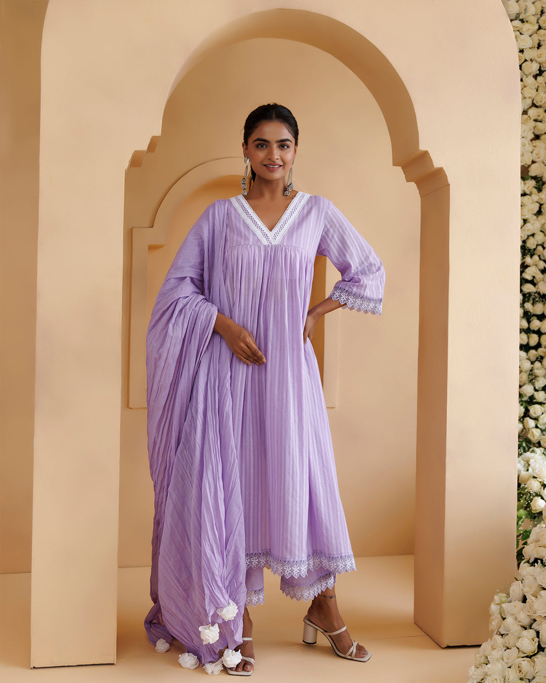 Ghazal Lavender Lino Mul Gathered Lace Suit Set