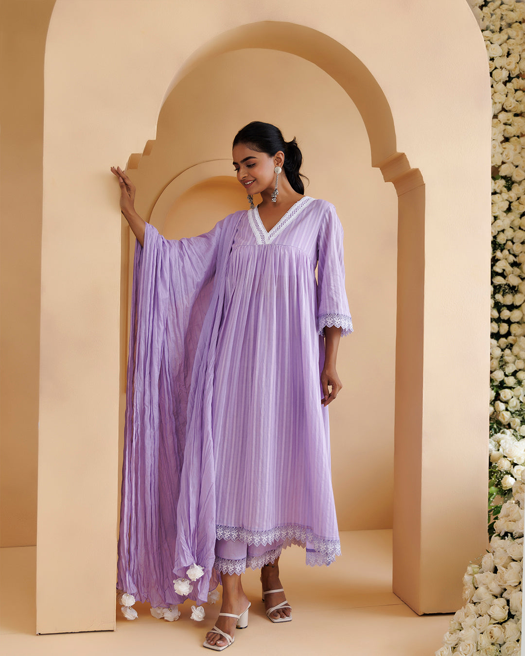 Ghazal Lavender Lino Mul Gathered Lace Suit Set