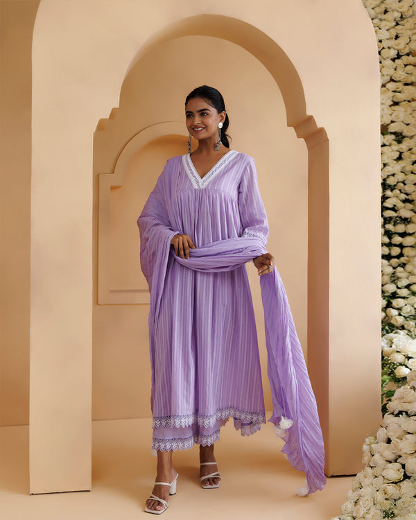 Ghazal Lavender Lino Mul Gathered Lace Suit Set