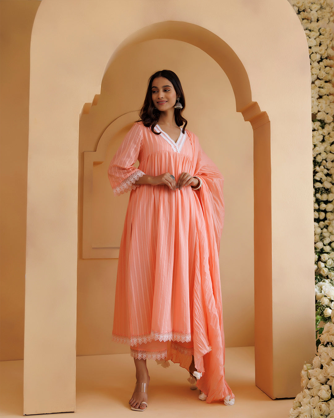 Ghazal Peach Lino Mul Gathered Lace Suit Set