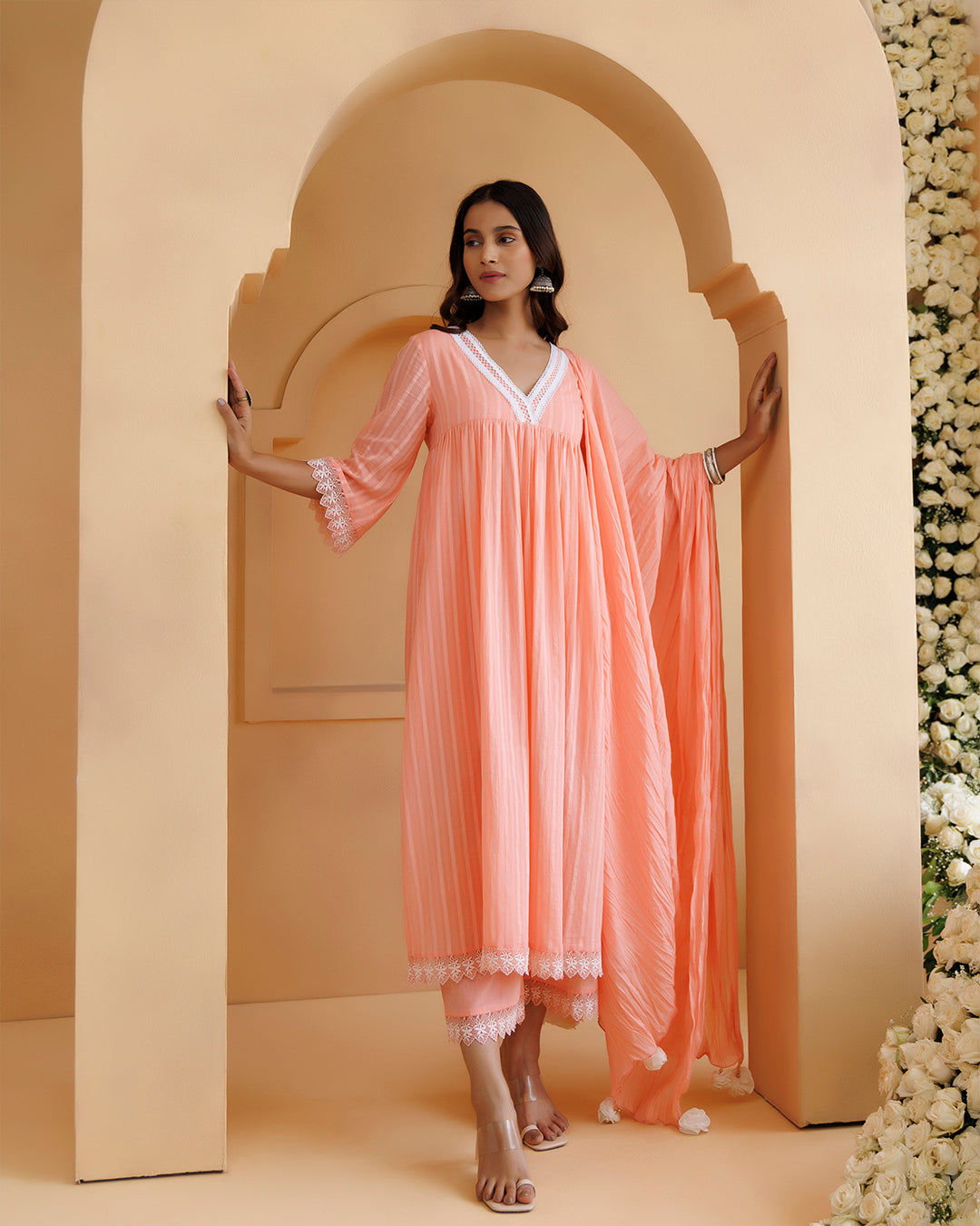 Ghazal Peach Lino Mul Gathered Lace Suit Set
