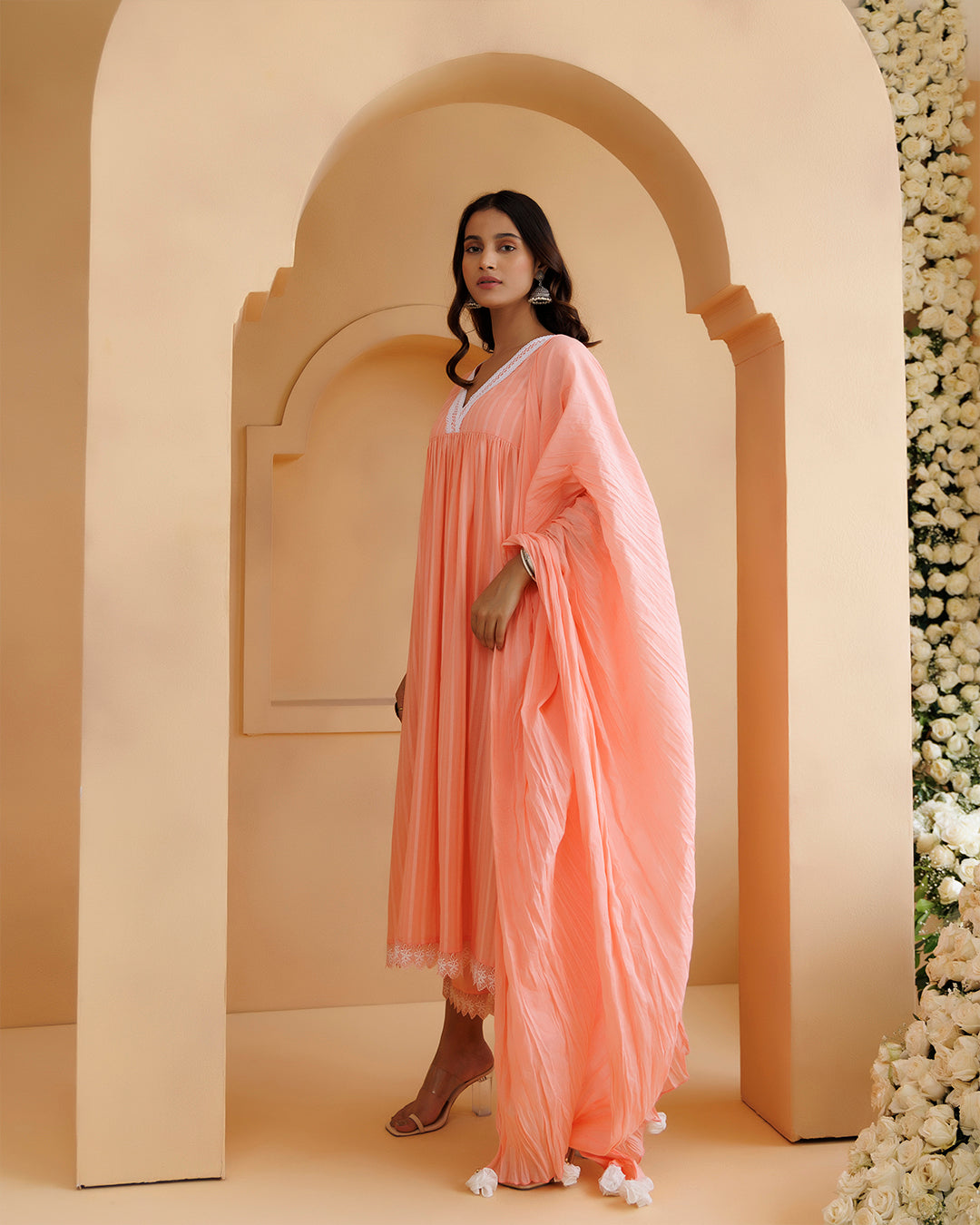 Ghazal Peach Lino Mul Gathered Lace Suit Set