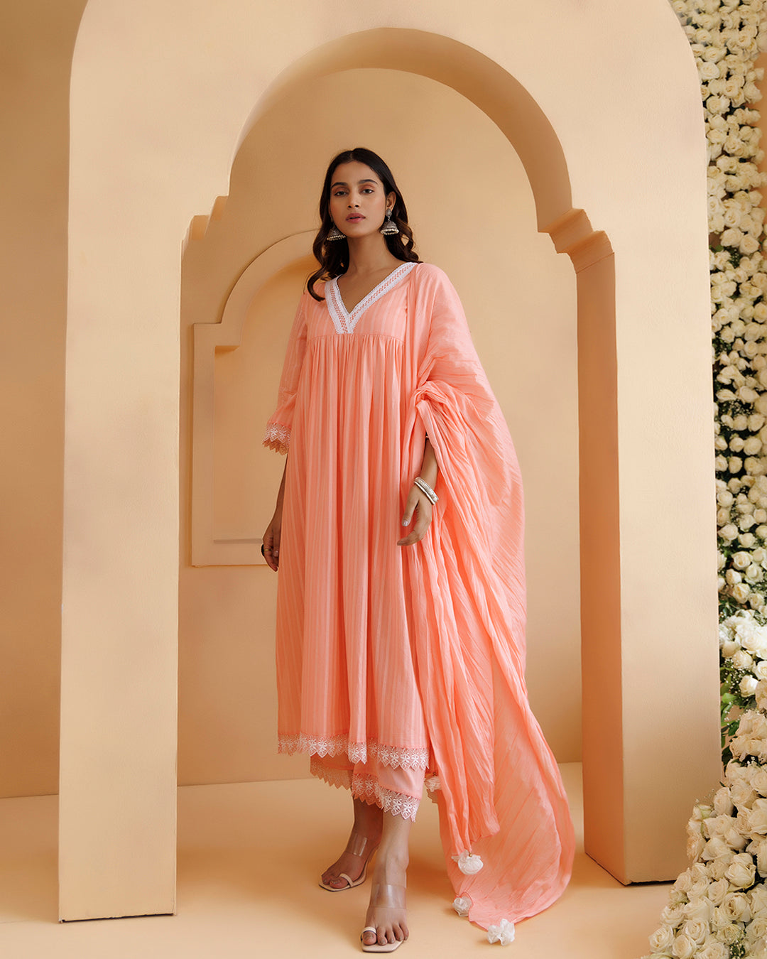 Ghazal Peach Lino Mul Gathered Lace Suit Set