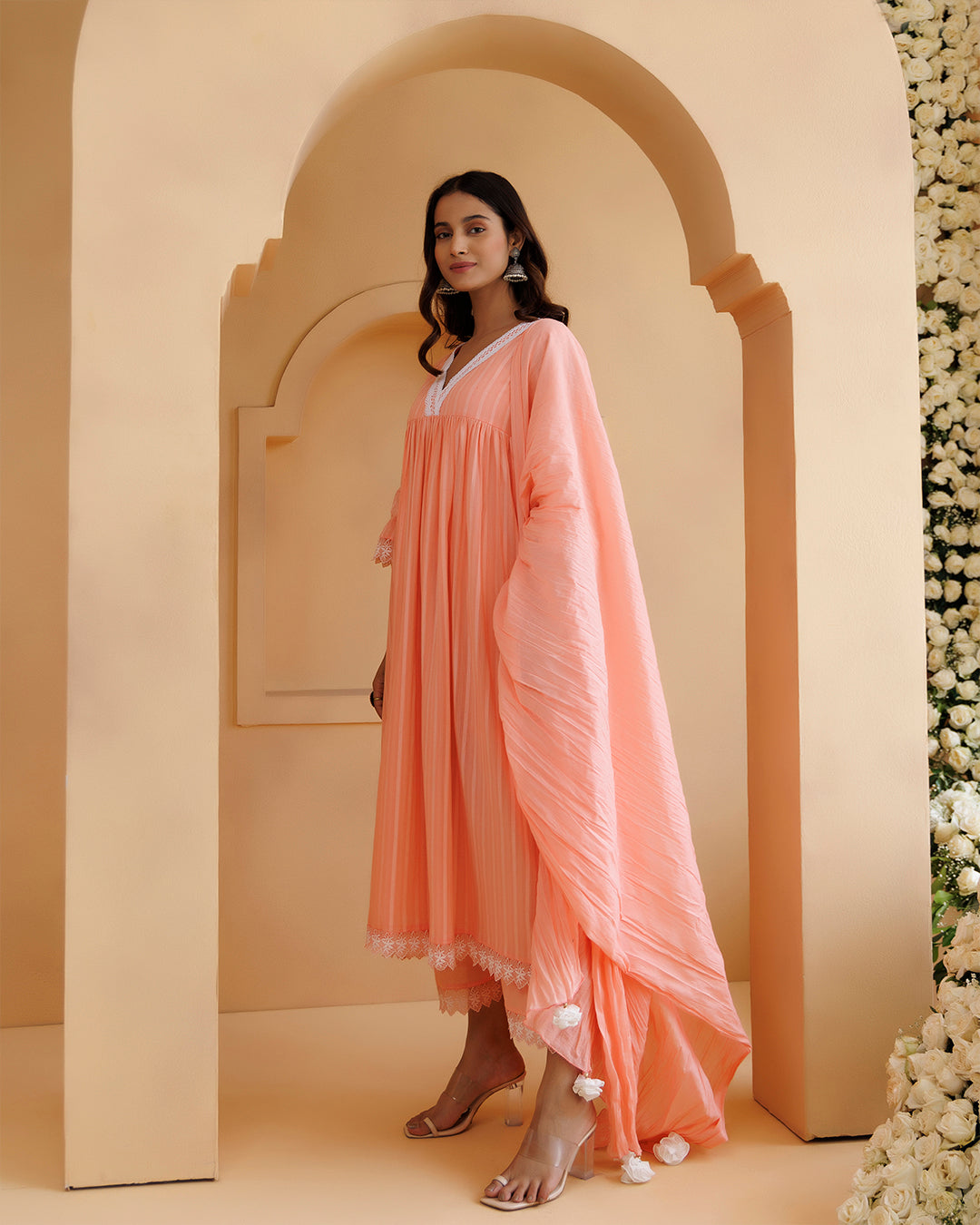 Ghazal Peach Lino Mul Gathered Lace Suit Set