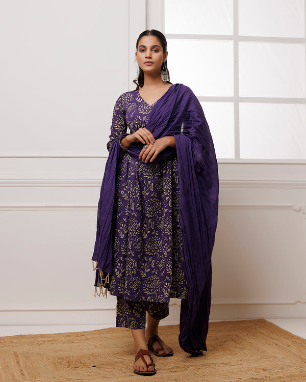 Ghazal Violet Dabu Hand Block Printed Mul Gathered Suit Set