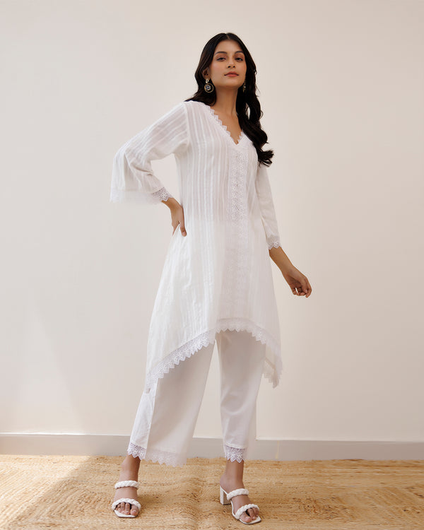 Ghazal White Lino Mul Up-down Lace Co-ord Set